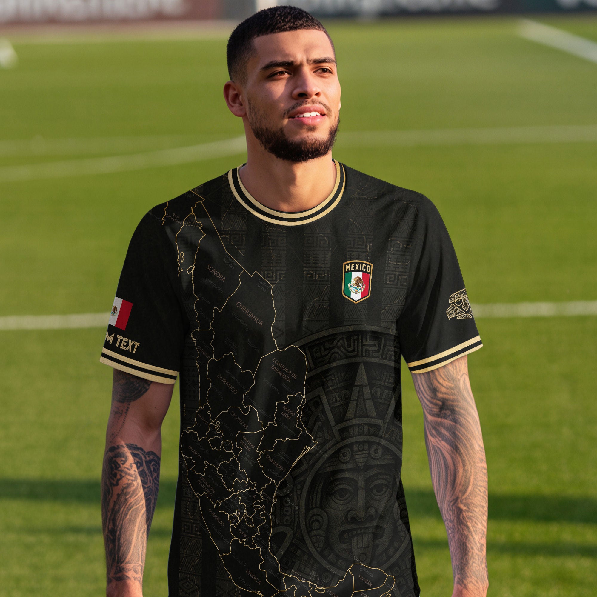 Custom Mexico Black Gold Map Aztec Sun Design Soccer Jersey