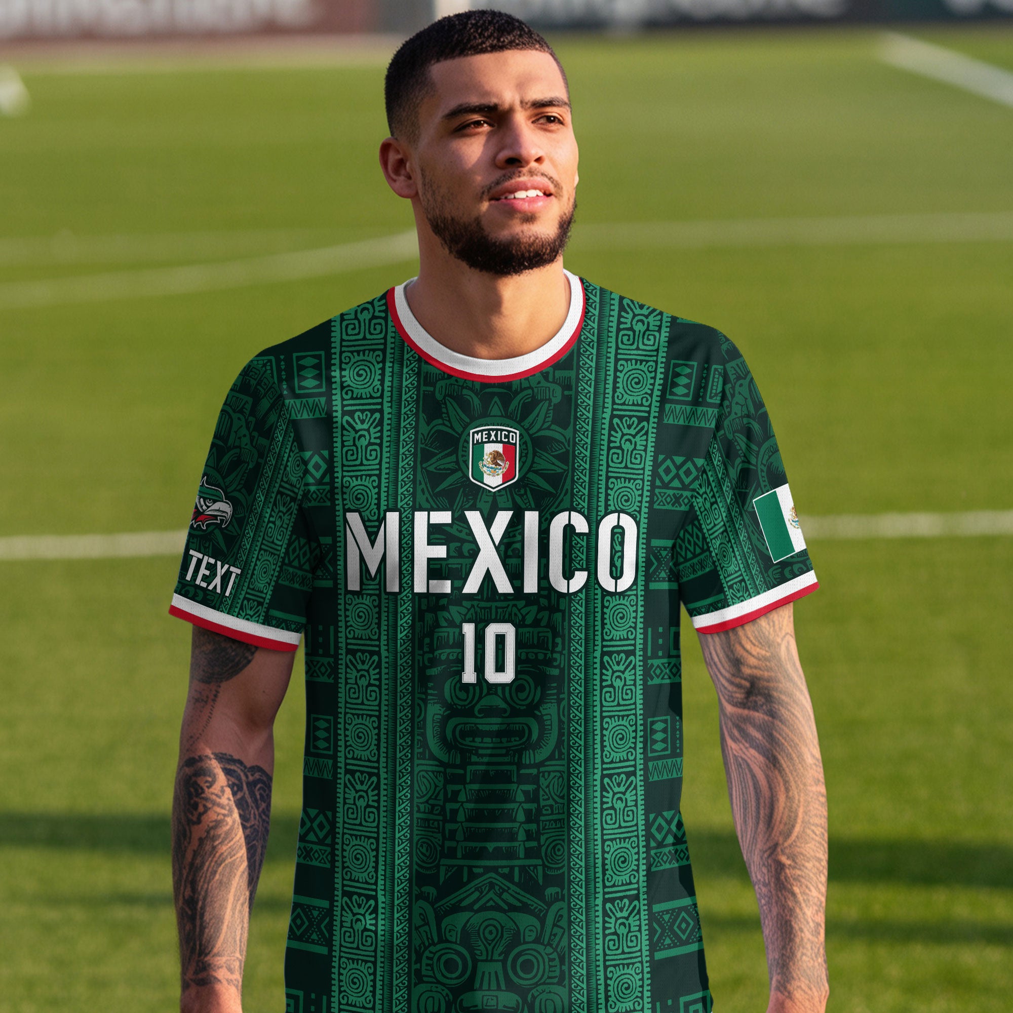Custom Soccer Jersey Mexico Green Aztec Tribal Pattern Design