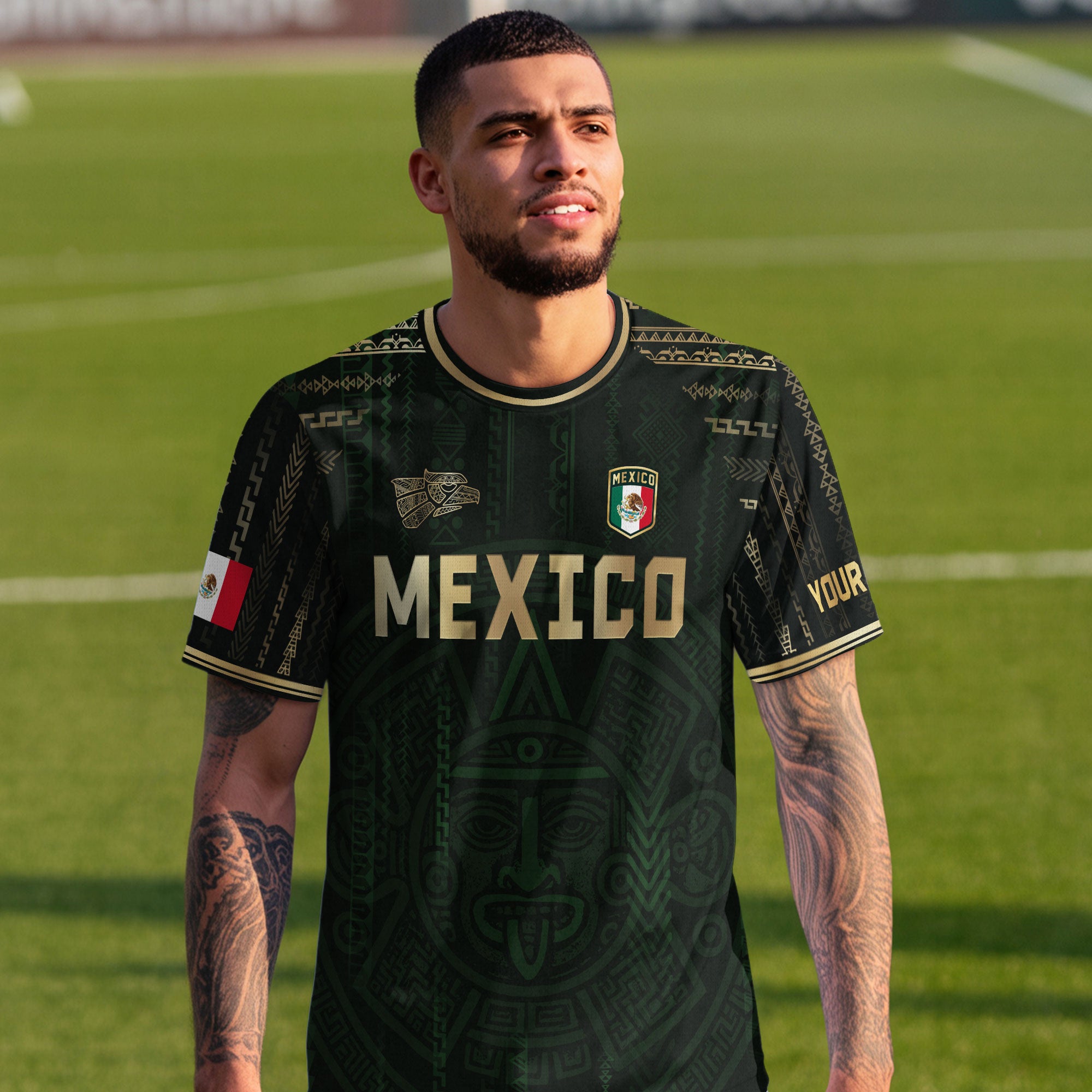 Custom Mexico Dark Green Gold Aztec Sun Design Soccer Jersey