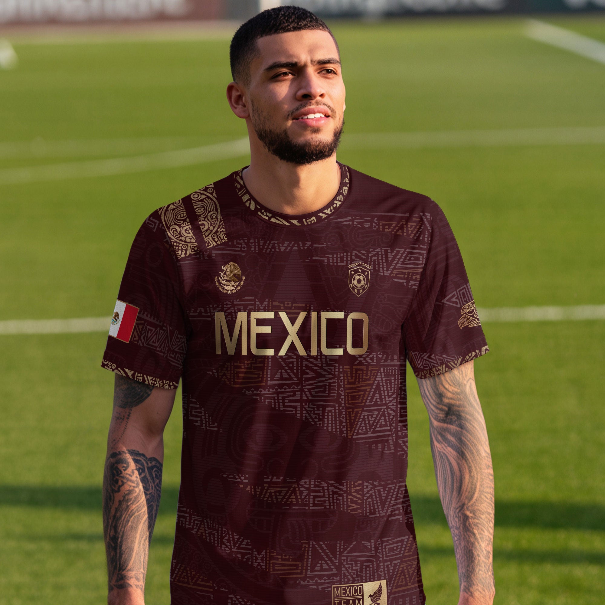 Mexico Soccer Jersey Burgundy Gold Aztec Heritage Eagle Crest