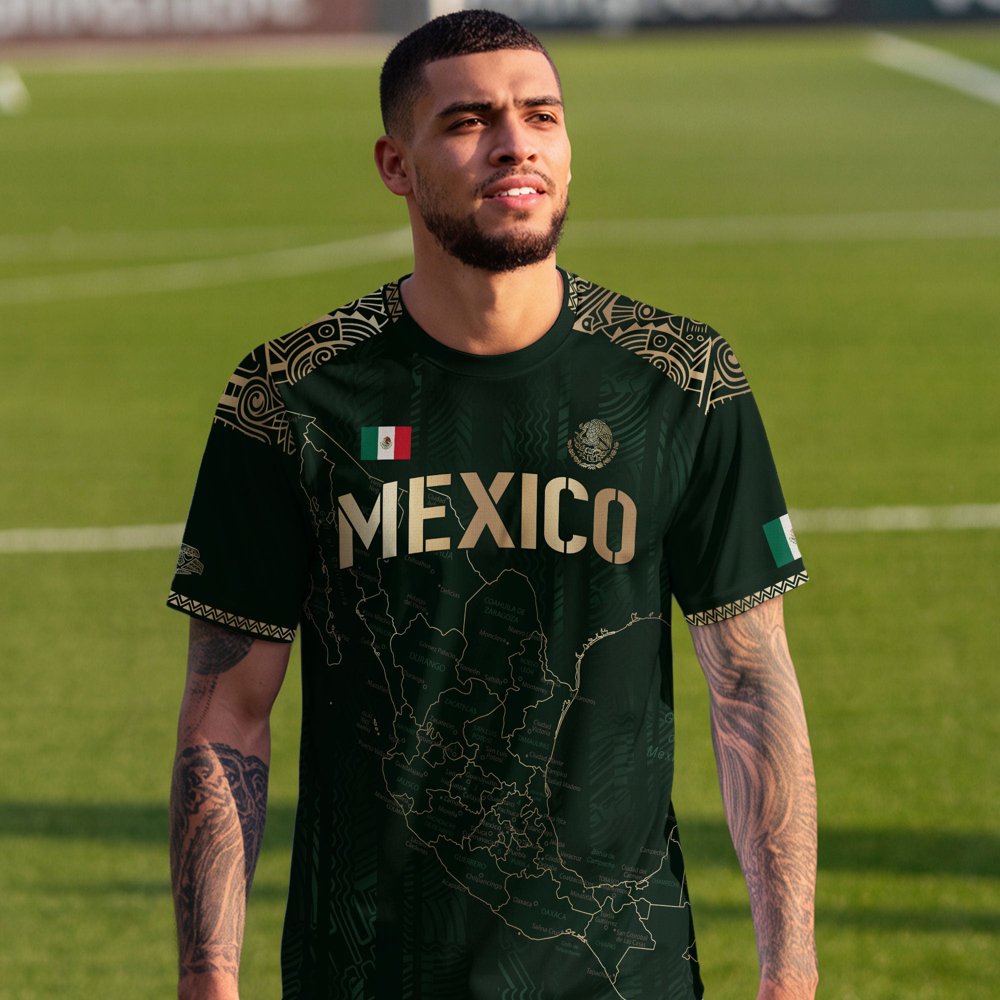 Mexico Soccer Jersey Green Heritage Map Golden Aztec Details