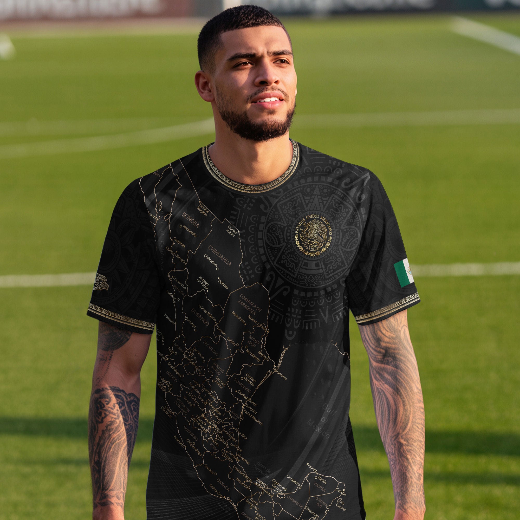 Mexico Soccer Jersey Black Aztec Sunstone Heritage Map Design