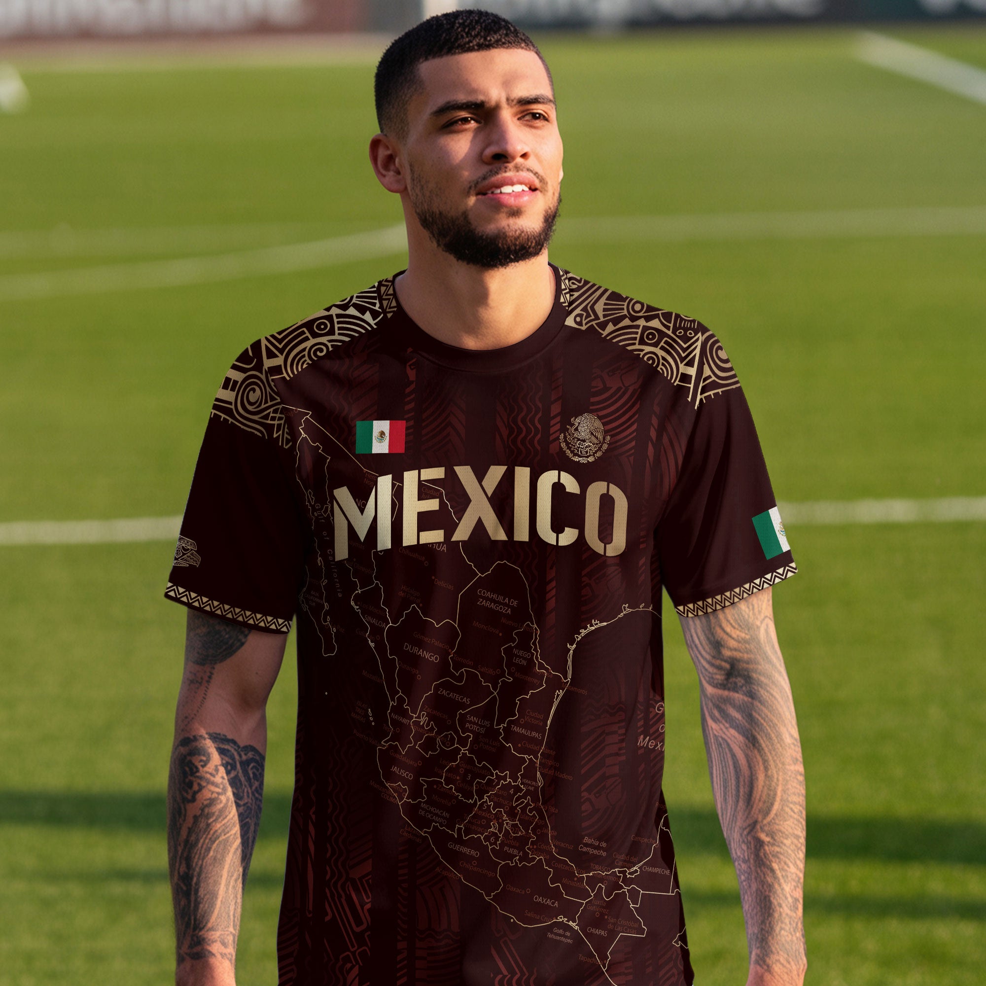 Mexico Soccer Jersey Burgundy Map Aztec Pattern Heritage Golden Details Design