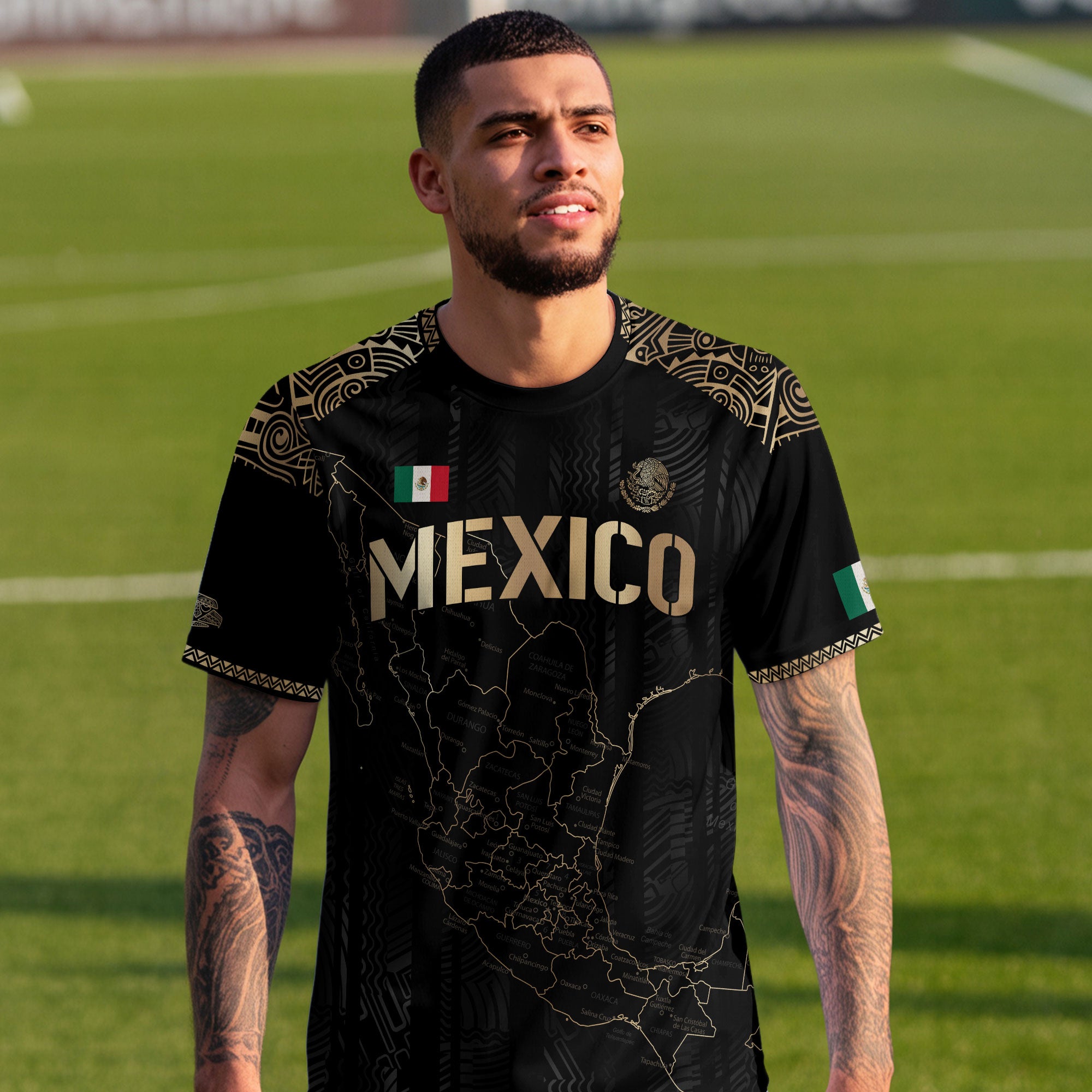 Mexico Black Heritage Map Soccer Jersey with Golden Aztec Details