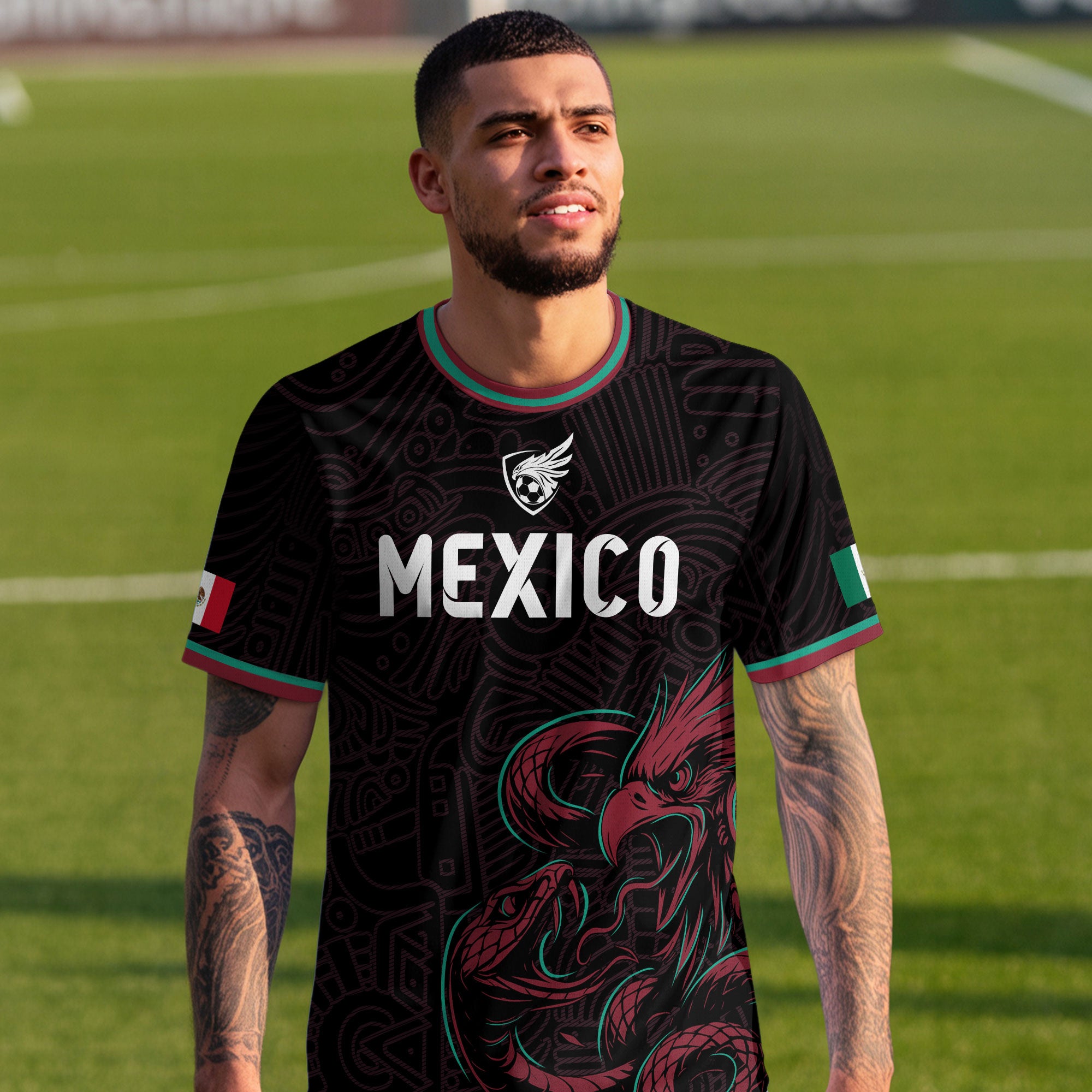 Mexico Black Red Aztec Eagle And Serpent Soccer Jersey