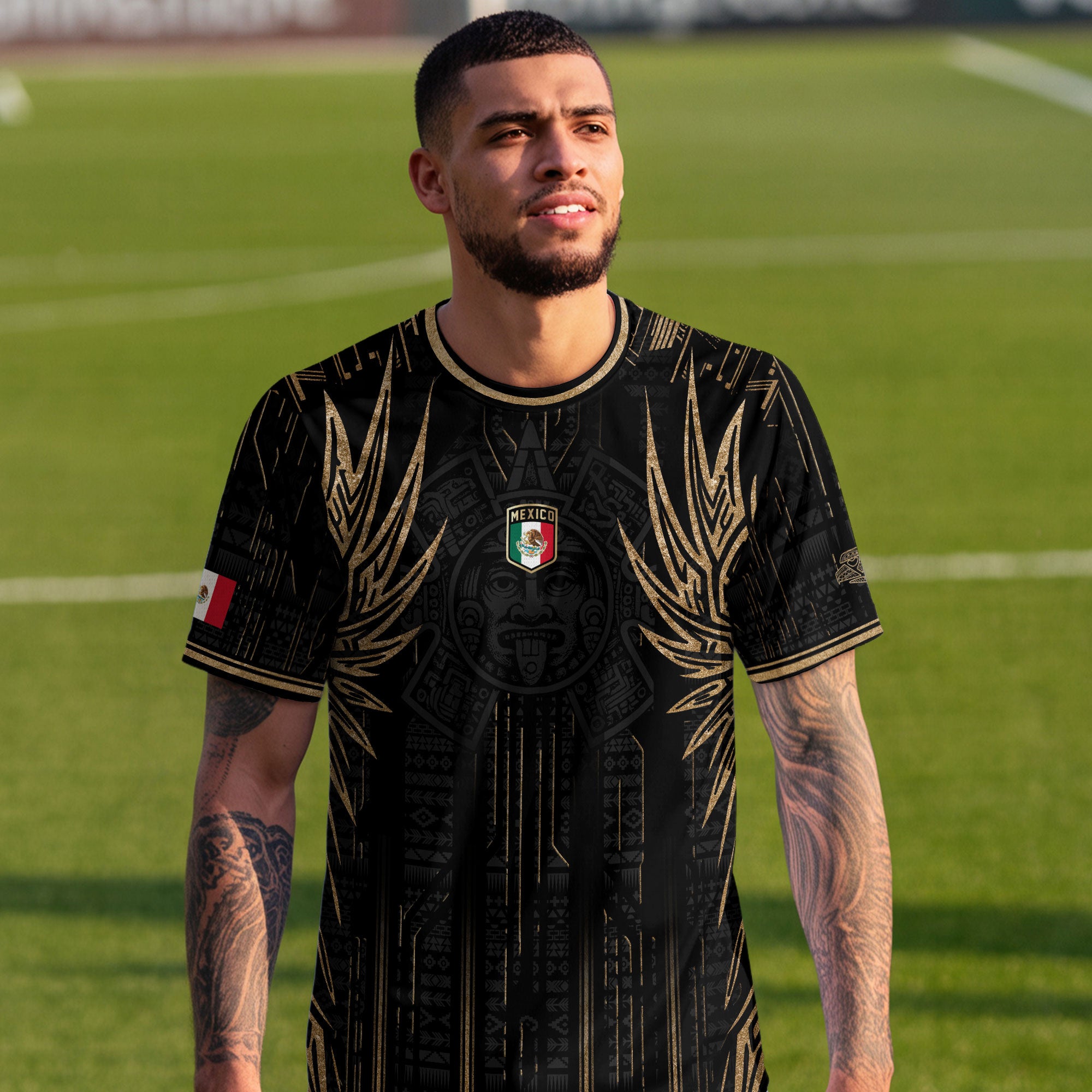 Mexico Soccer Jersey Black Aztec Warrior Gold Feather Design