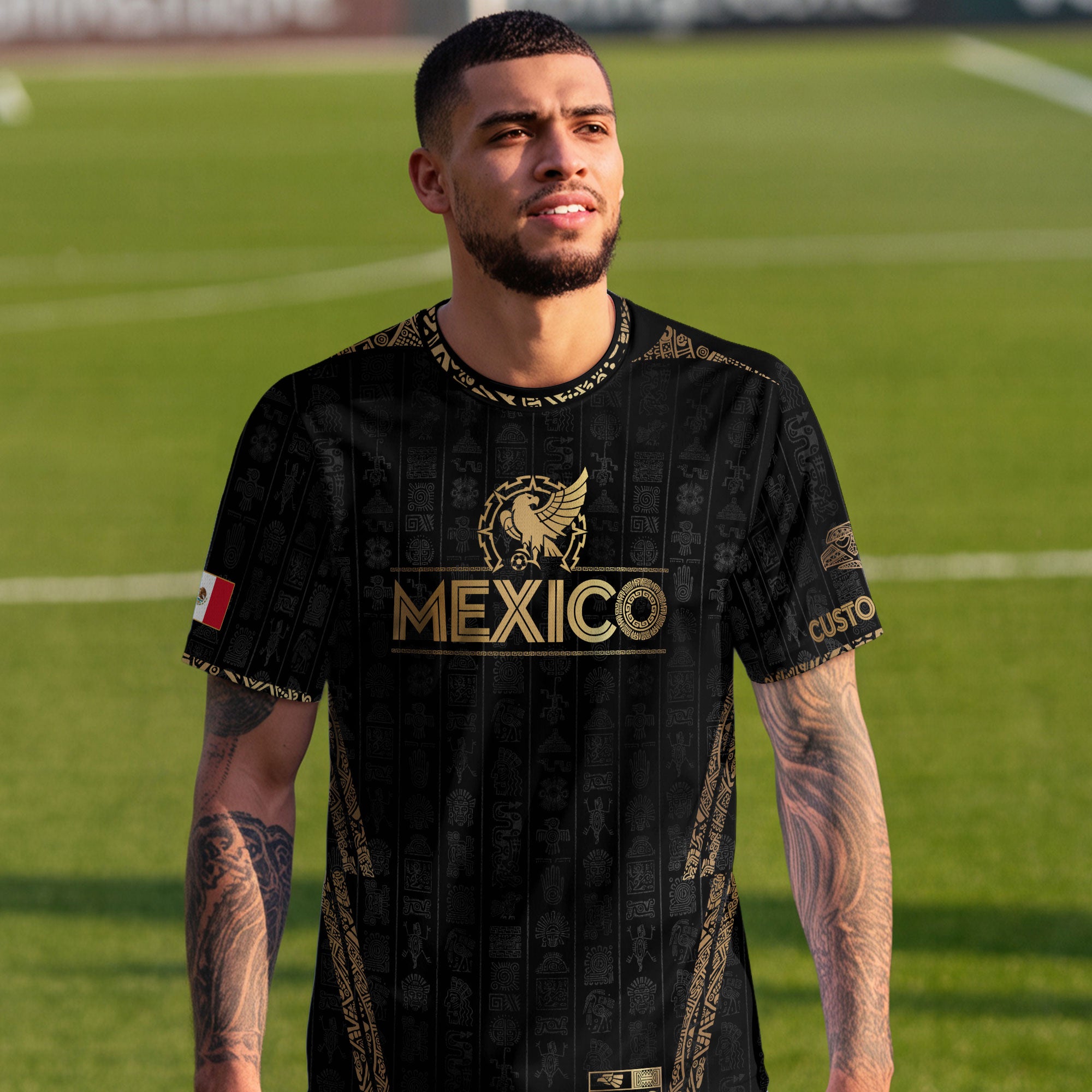 Custom Mexico Black Gold Soccer Jersey with Aztec Eagle Design