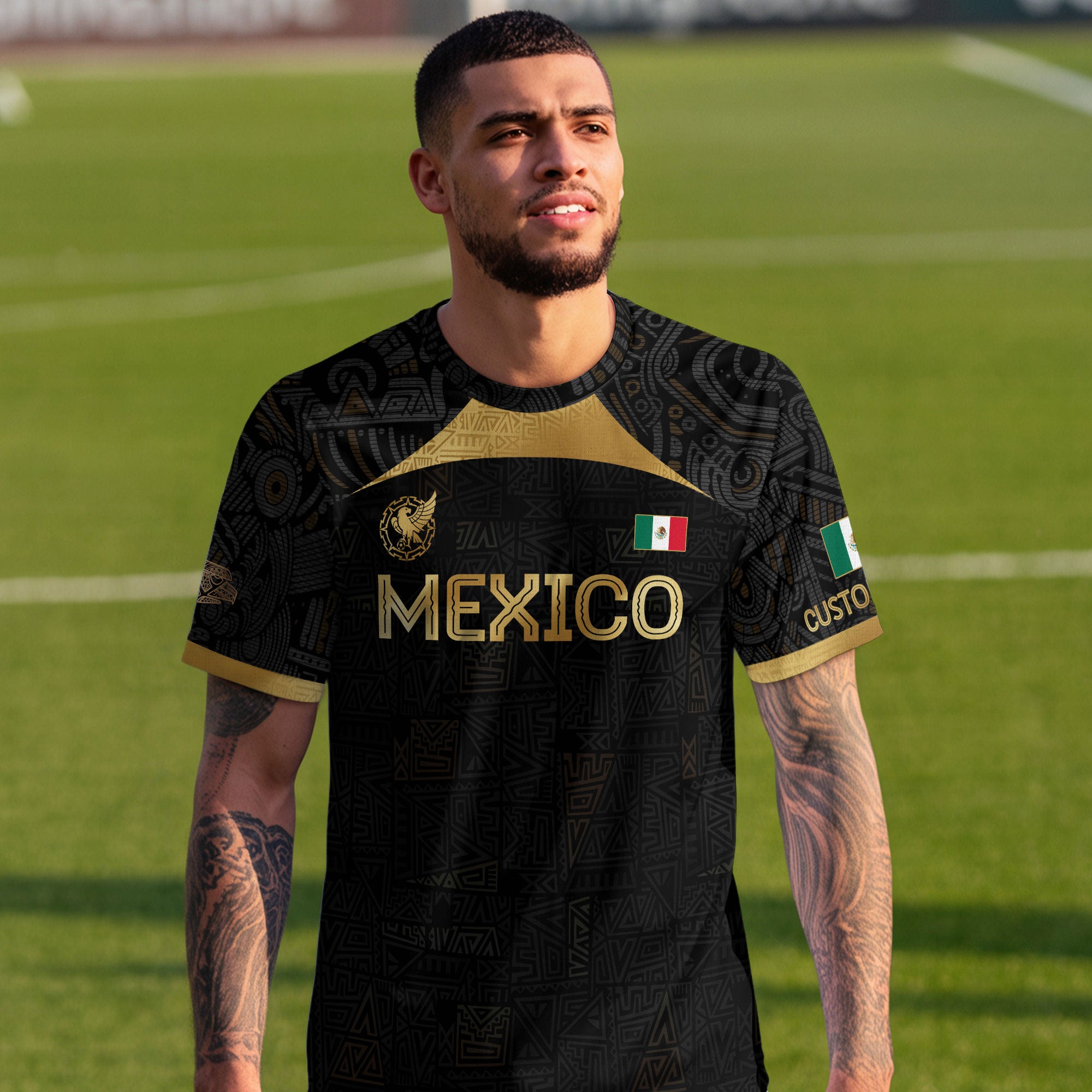 Custom Mexico Black Gold Soccer Jersey with Aztec Warrior Pattern
