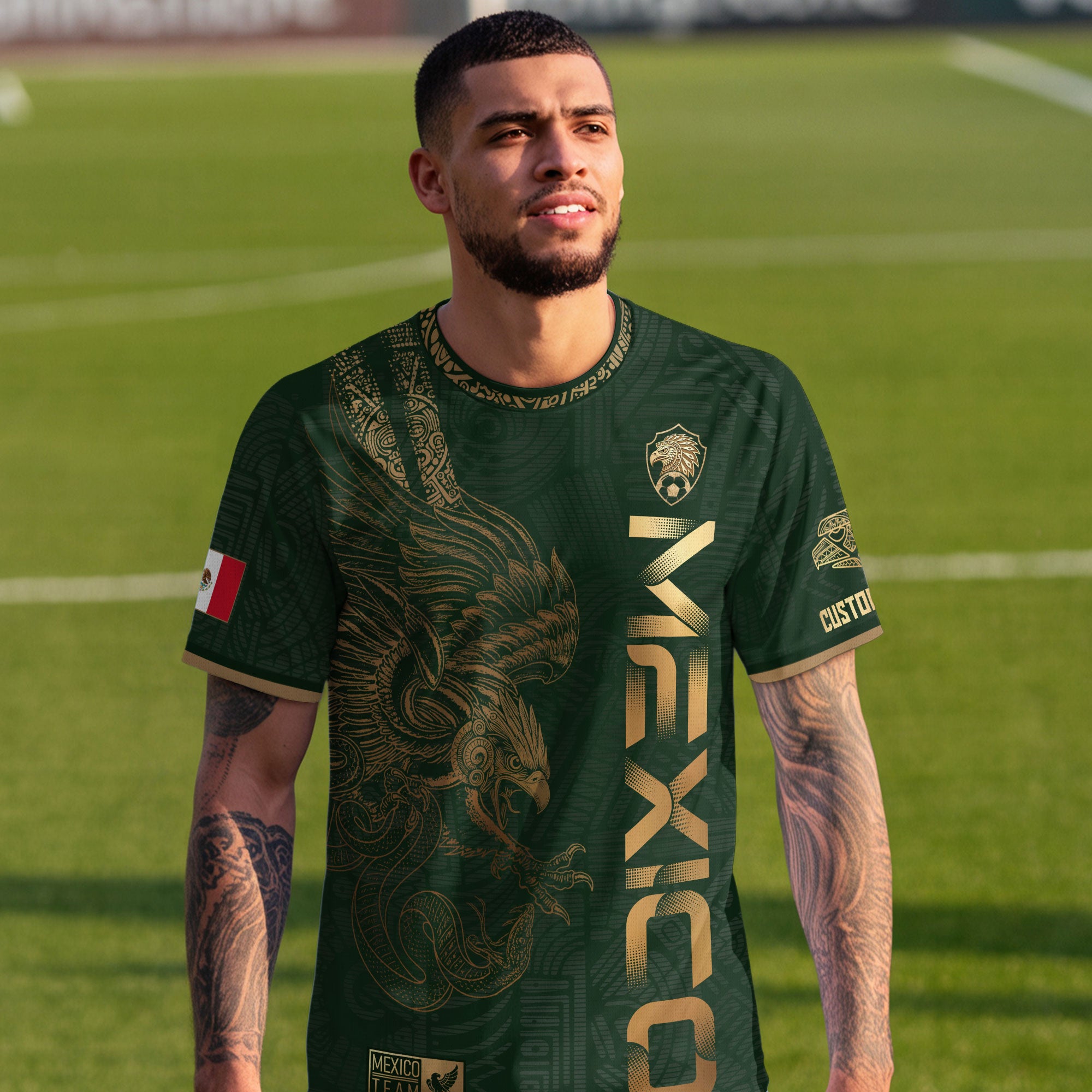 Custom Mexico Green Gold Soccer Jersey with Aztec Eagle Serpent Design