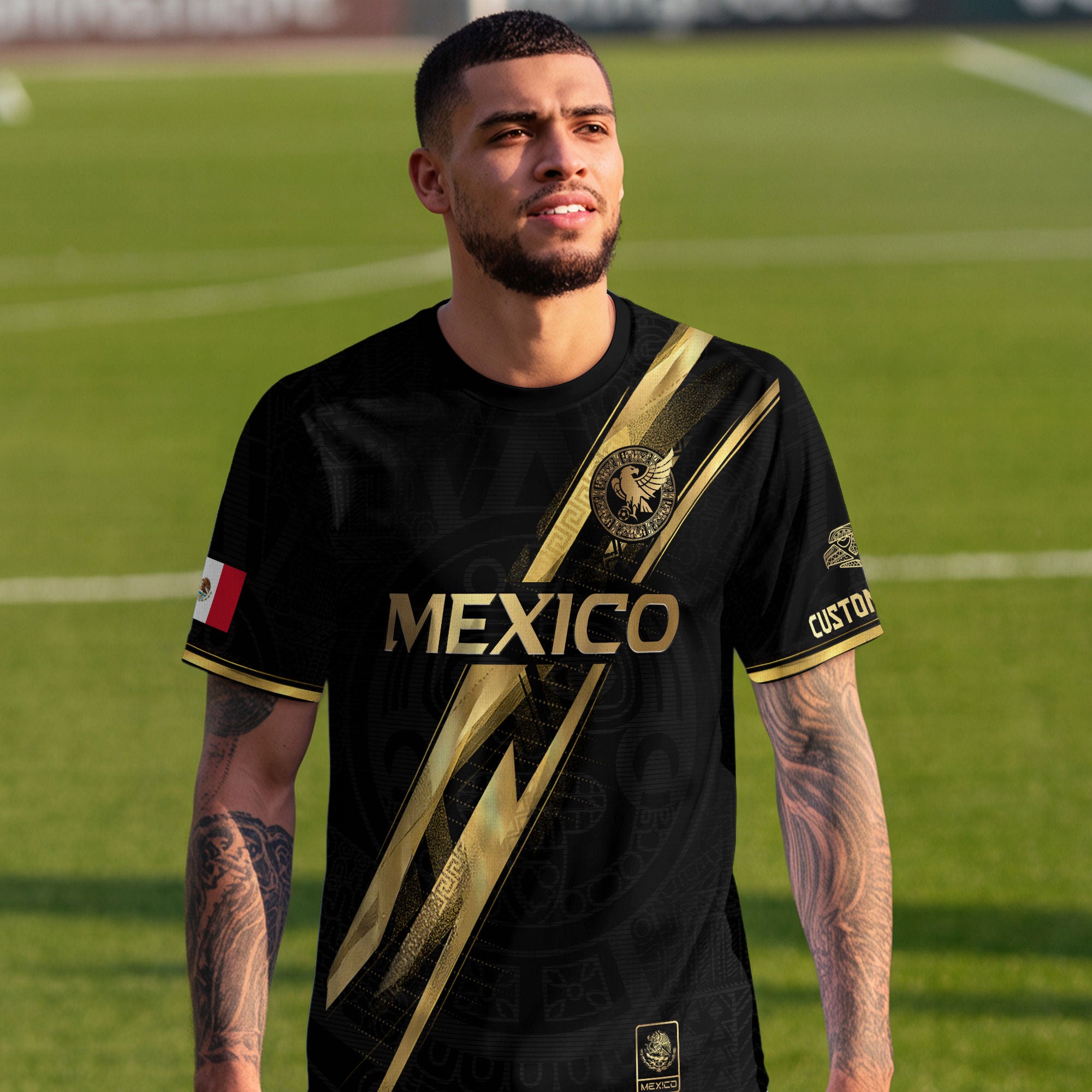 Custom Mexico Black Gold Soccer Jersey with Heritage Map Stripe Design