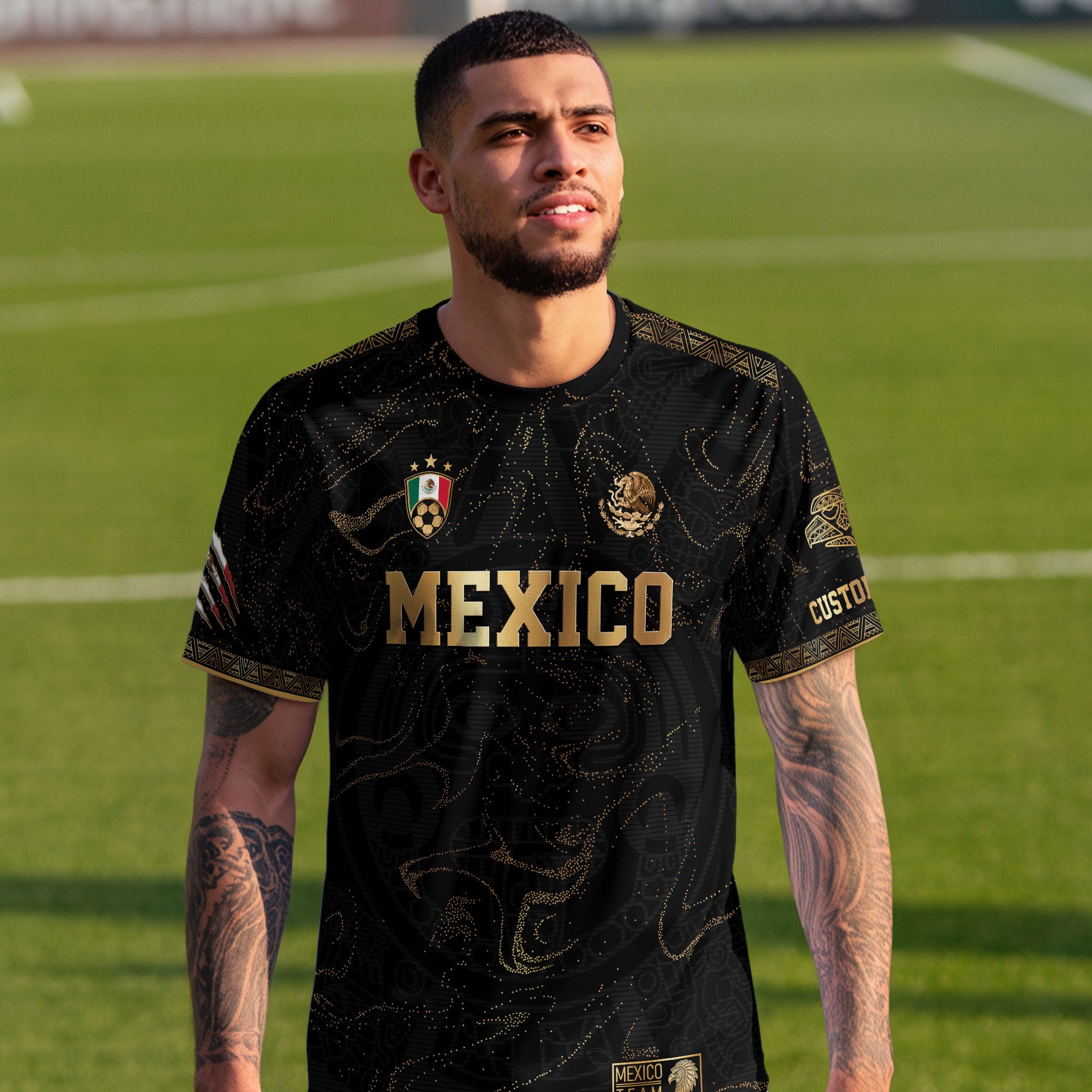 Custom Mexico Black Gold Soccer Jersey with Heritage Map and Aztec Pattern