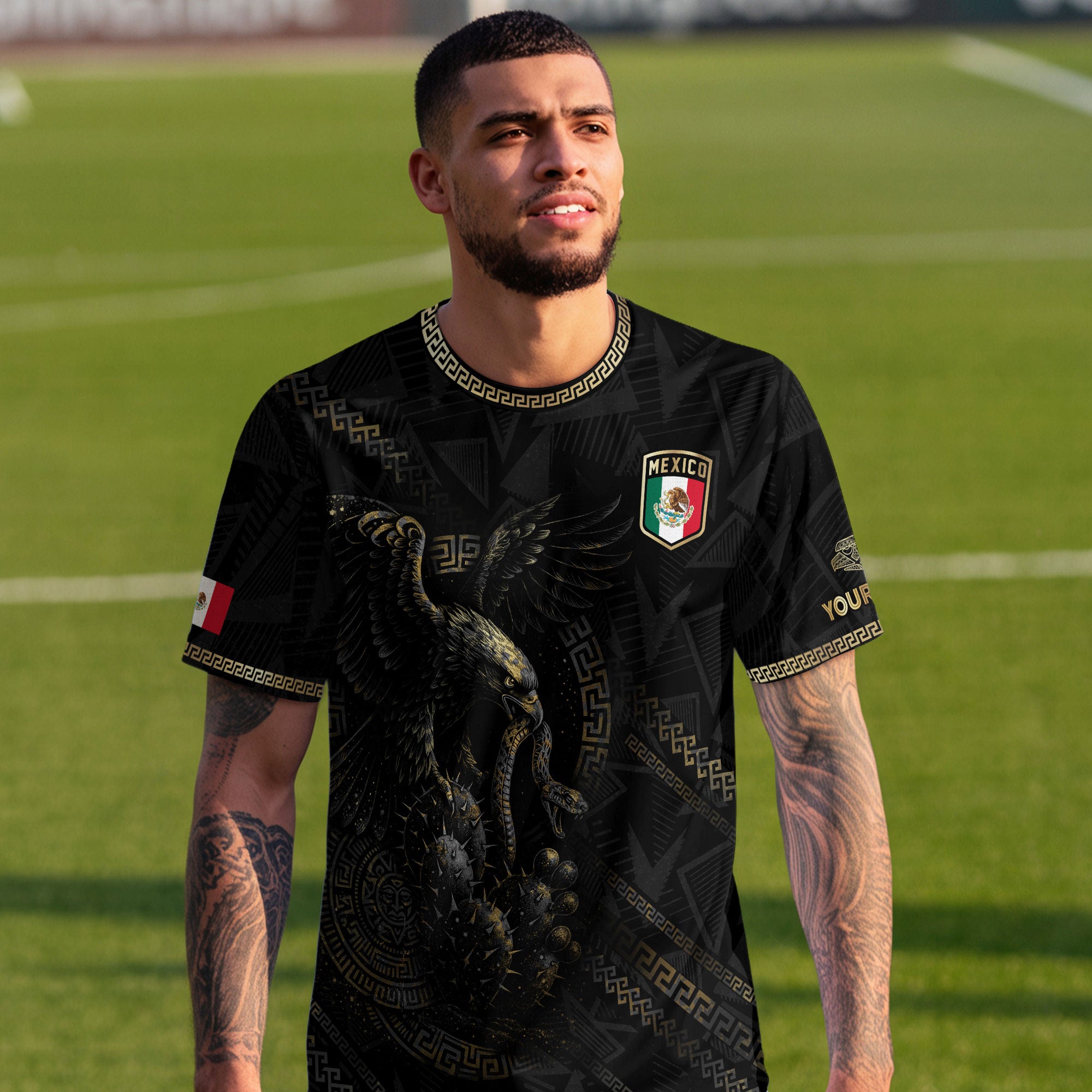 Custom Mexico Black Gold Eagle and Serpent Aztec Heritage Soccer Jersey