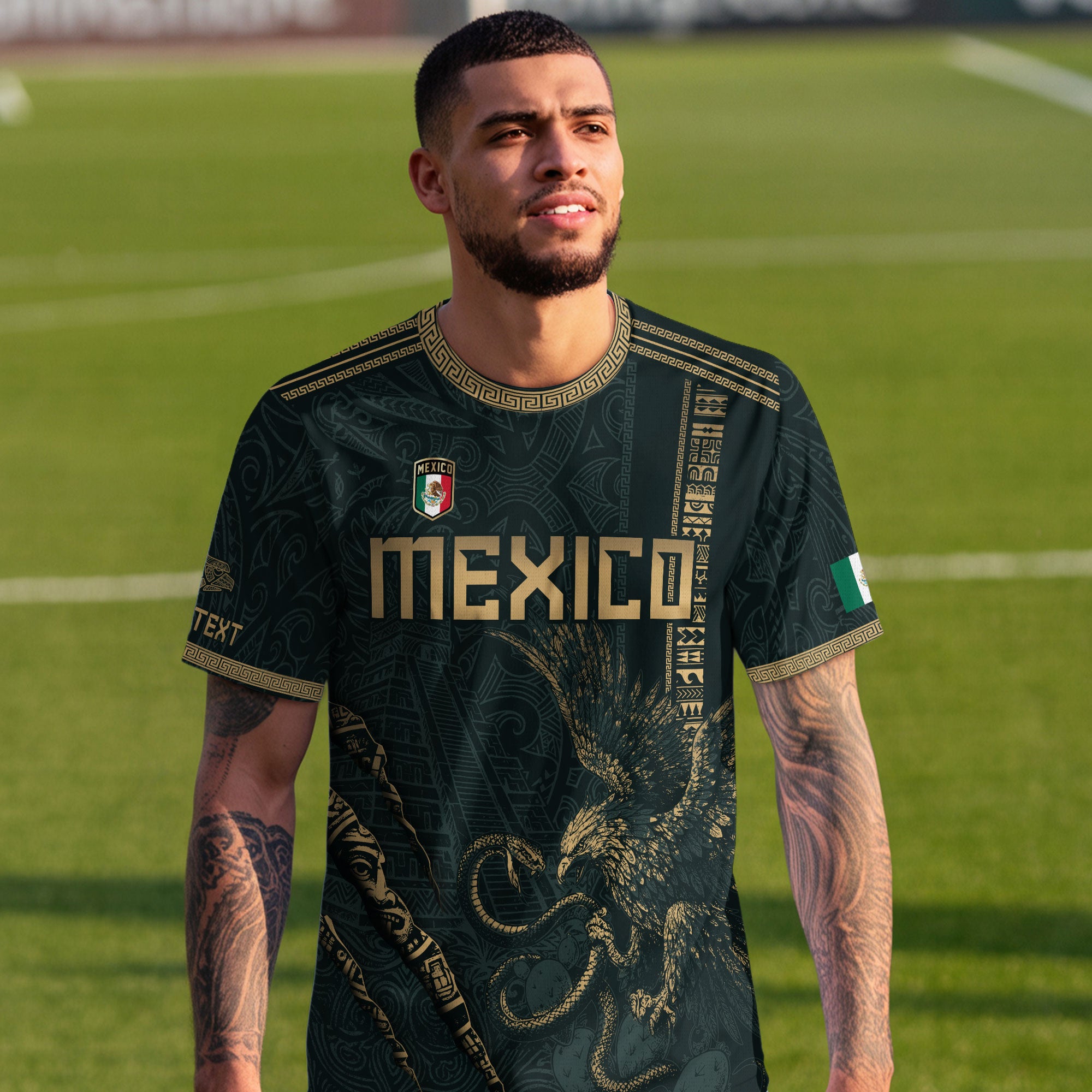 Custom Mexico Green Gold Eagle Claw Aztec Warrior Heritage Soccer Jersey