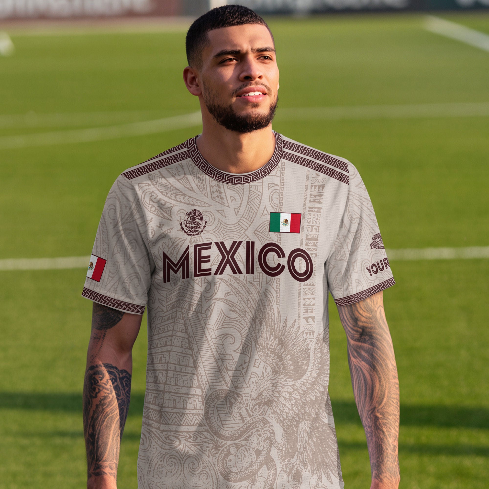Custom Mexico Beige Aztec Eagle Pyramid Heritage Soccer Jersey