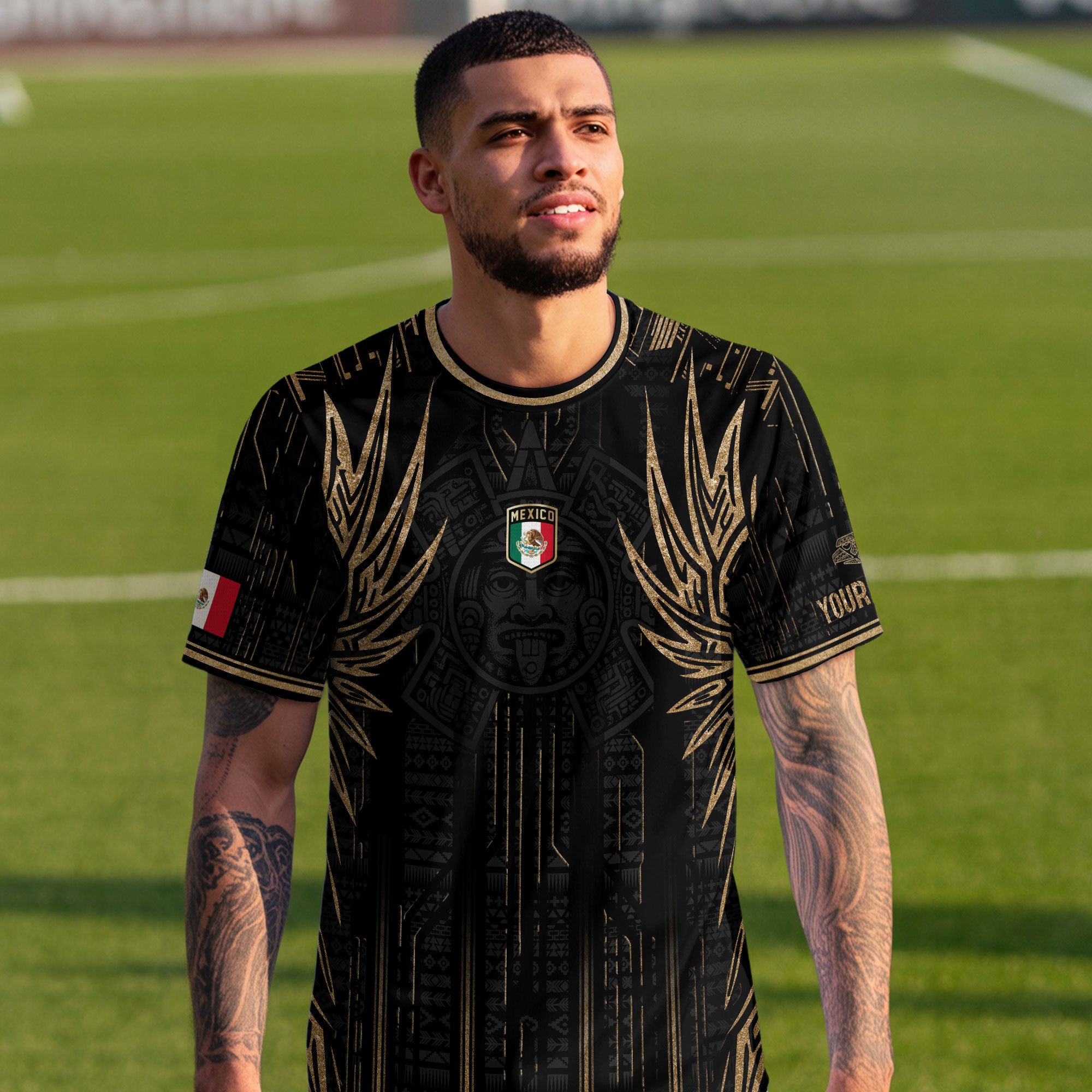 Custom Mexico Black Gold Aztec Warrior Wings Heritage Soccer Jersey