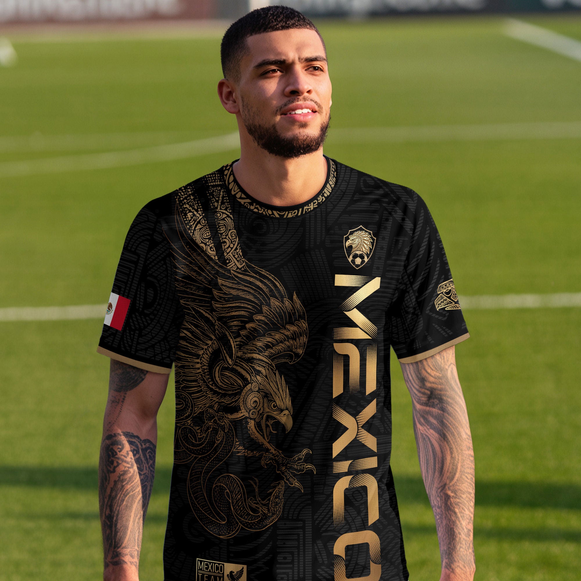 Mexico Black Gold Eagle Aztec Warrior Heritage Soccer Jersey
