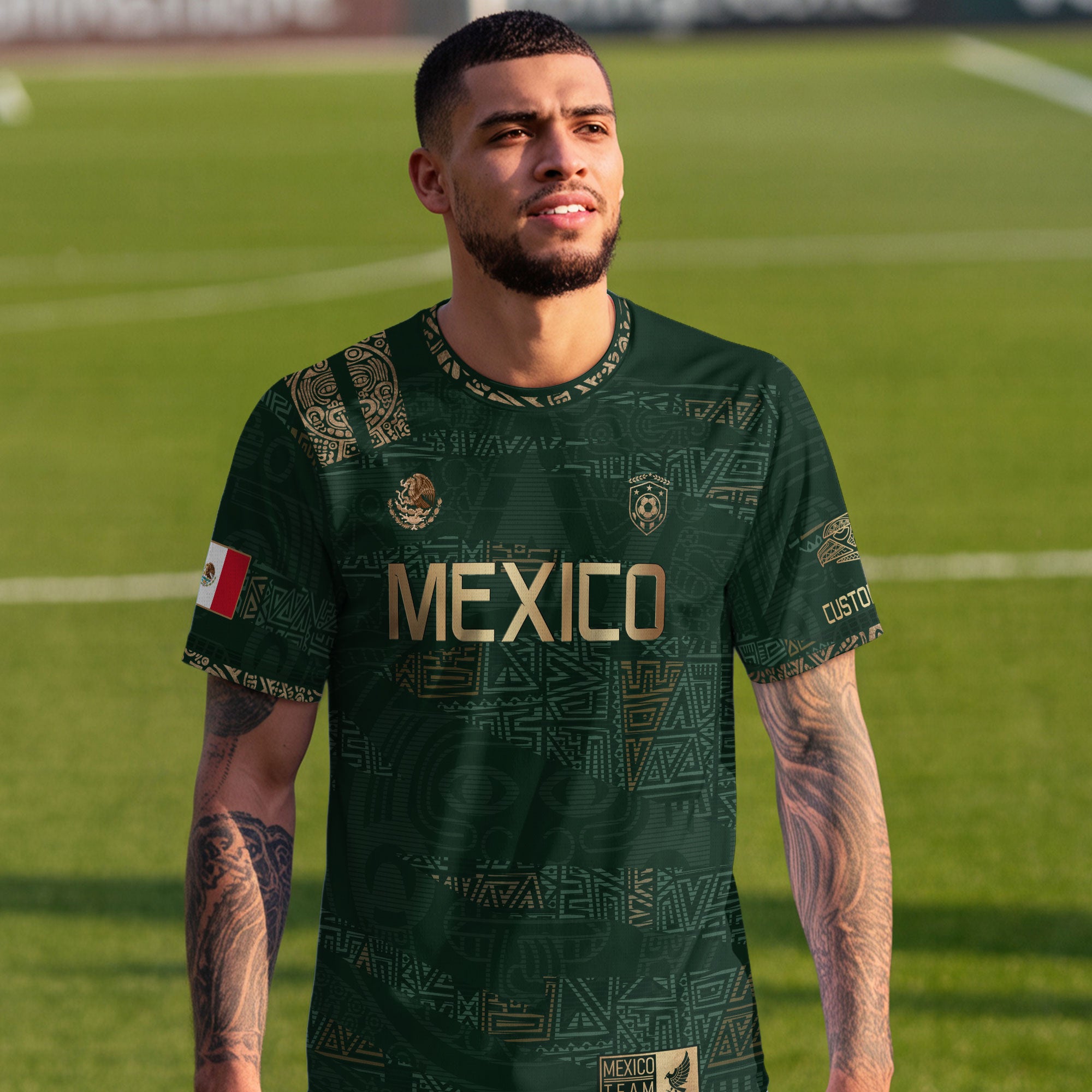 Custom Mexico Green Gold Aztec Pattern Soccer Jersey