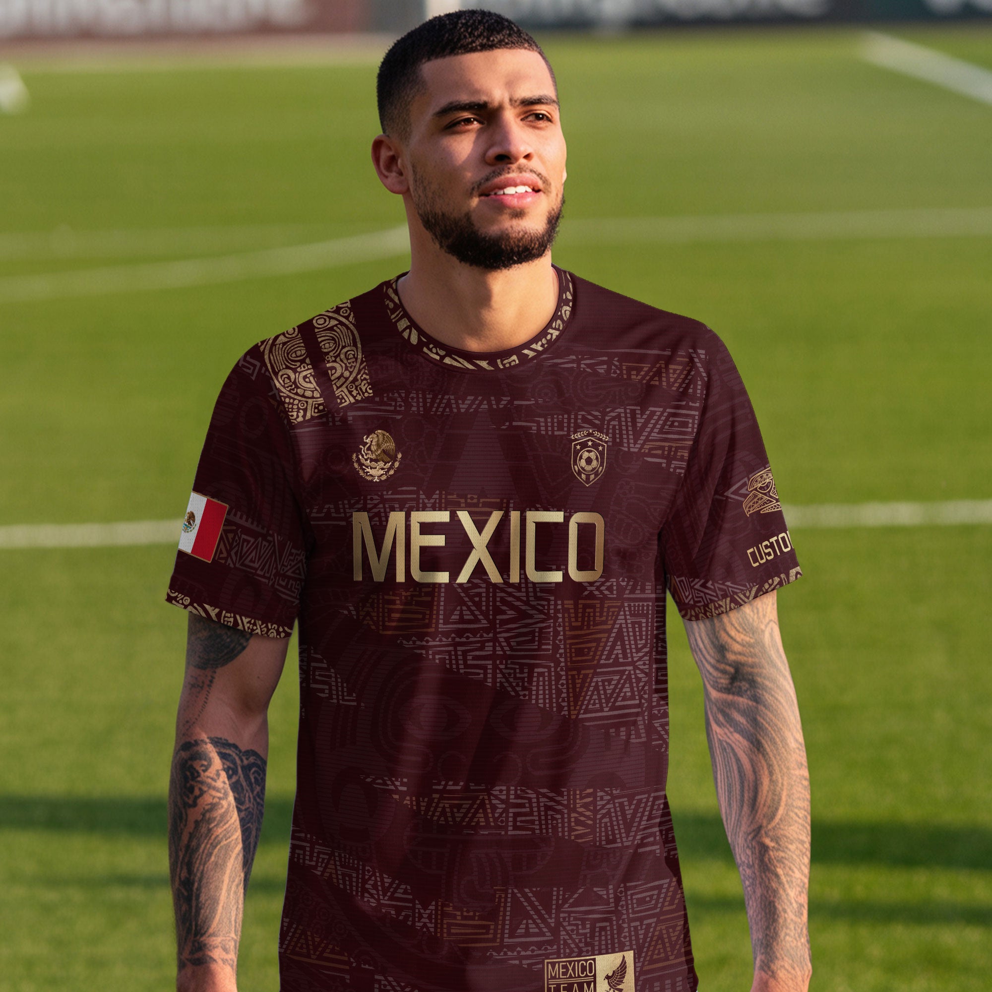 Custom Mexico Maroon Gold Aztec Heritage Soccer Jersey