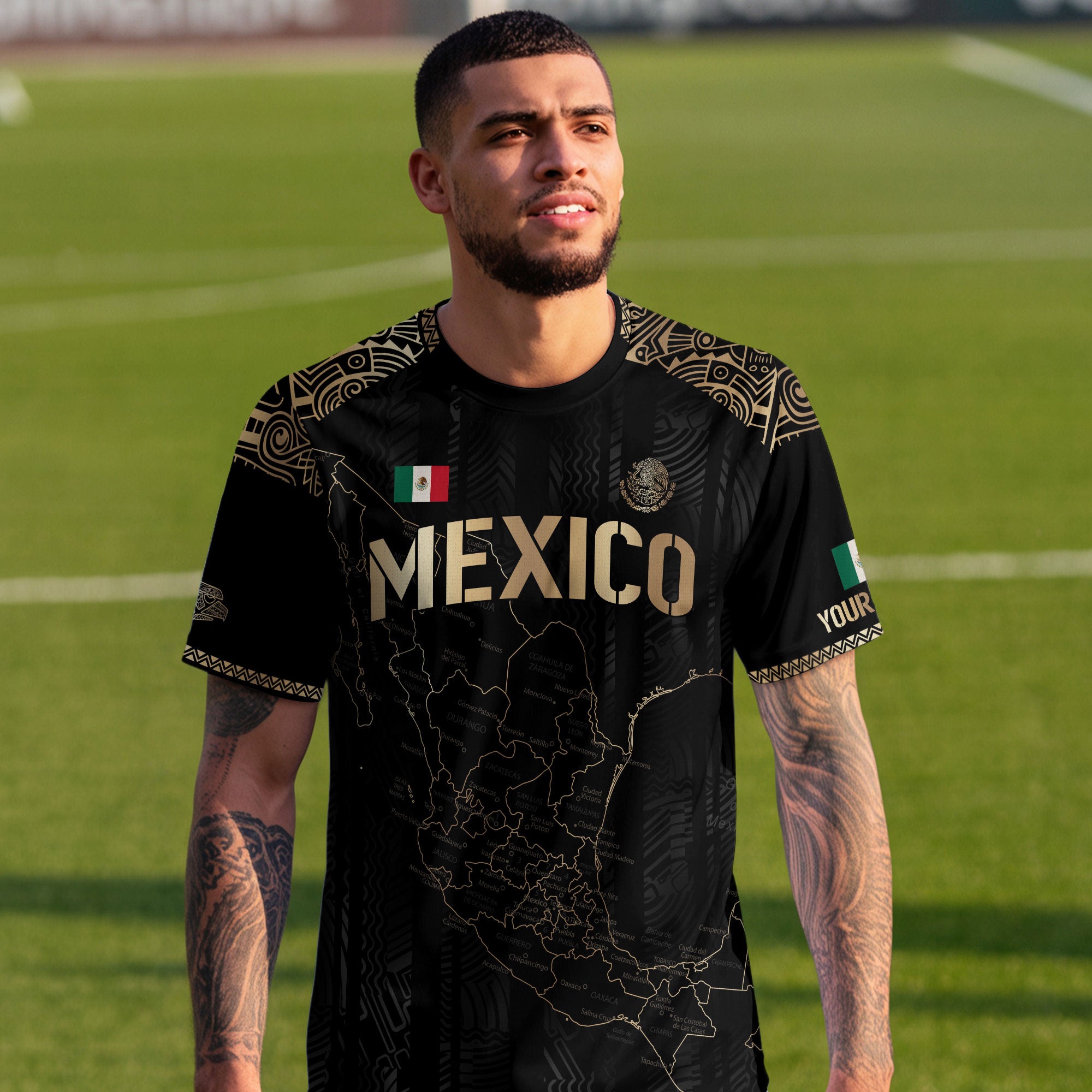 Custom Mexico Black Gold Soccer Jersey with Heritage Map and Aztec Details