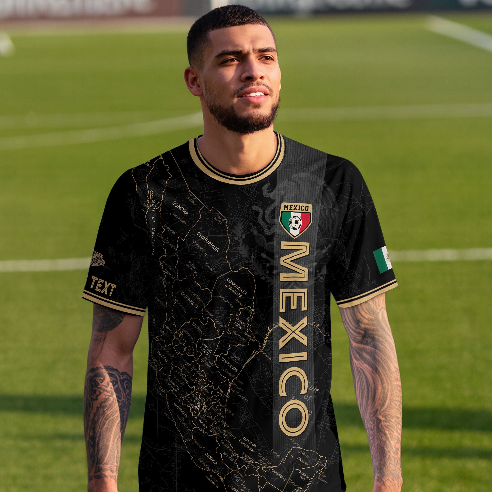 Custom Mexico Black Gold Soccer Jersey with Detailed Heritage Map Design