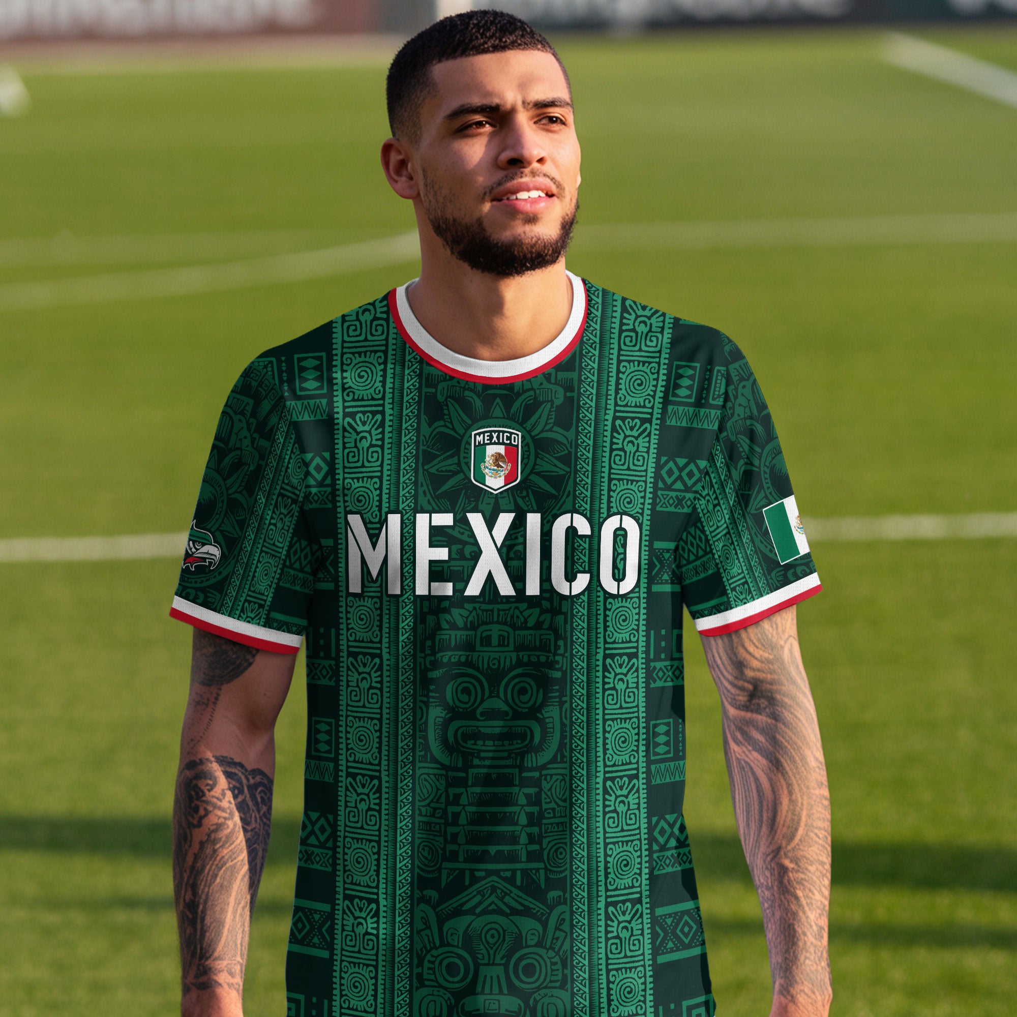 Mexico Green Aztec Warrior Pattern Heritage Soccer Jersey