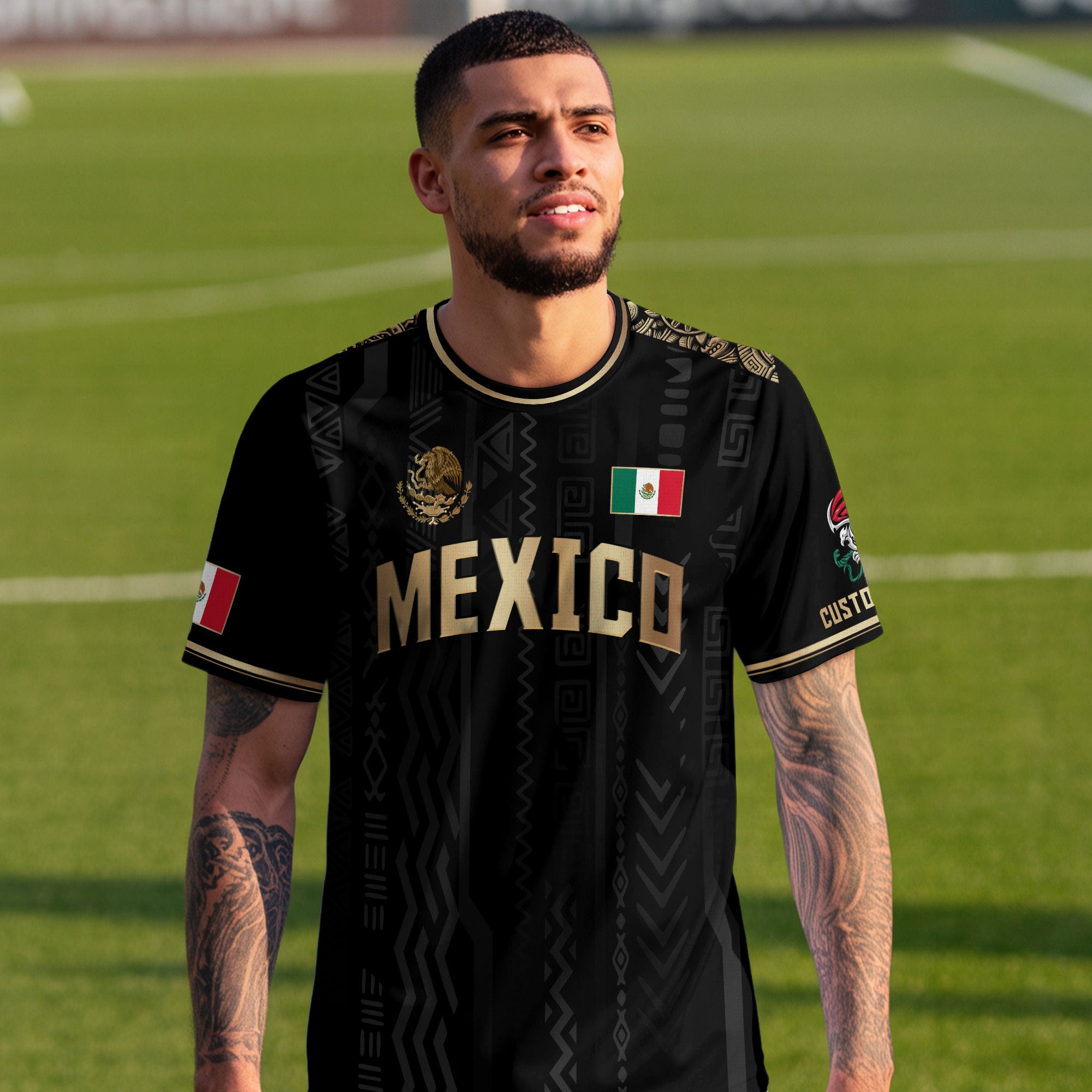 Custom Mexico Black Gold Aztec Pattern National Pride Soccer Jersey
