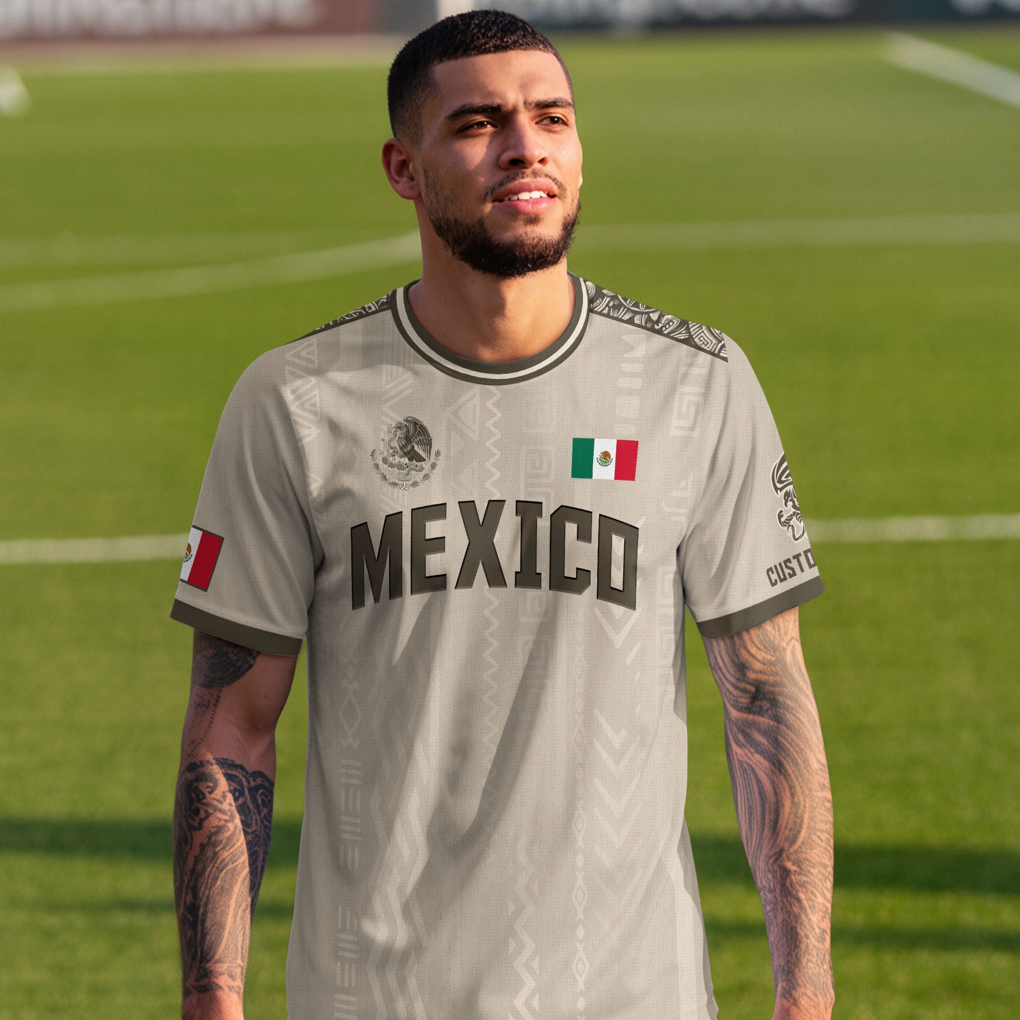 Custom Mexico Aztec Heritage Soccer Jersey Beige Eagle Pride Culture Roots Shirt