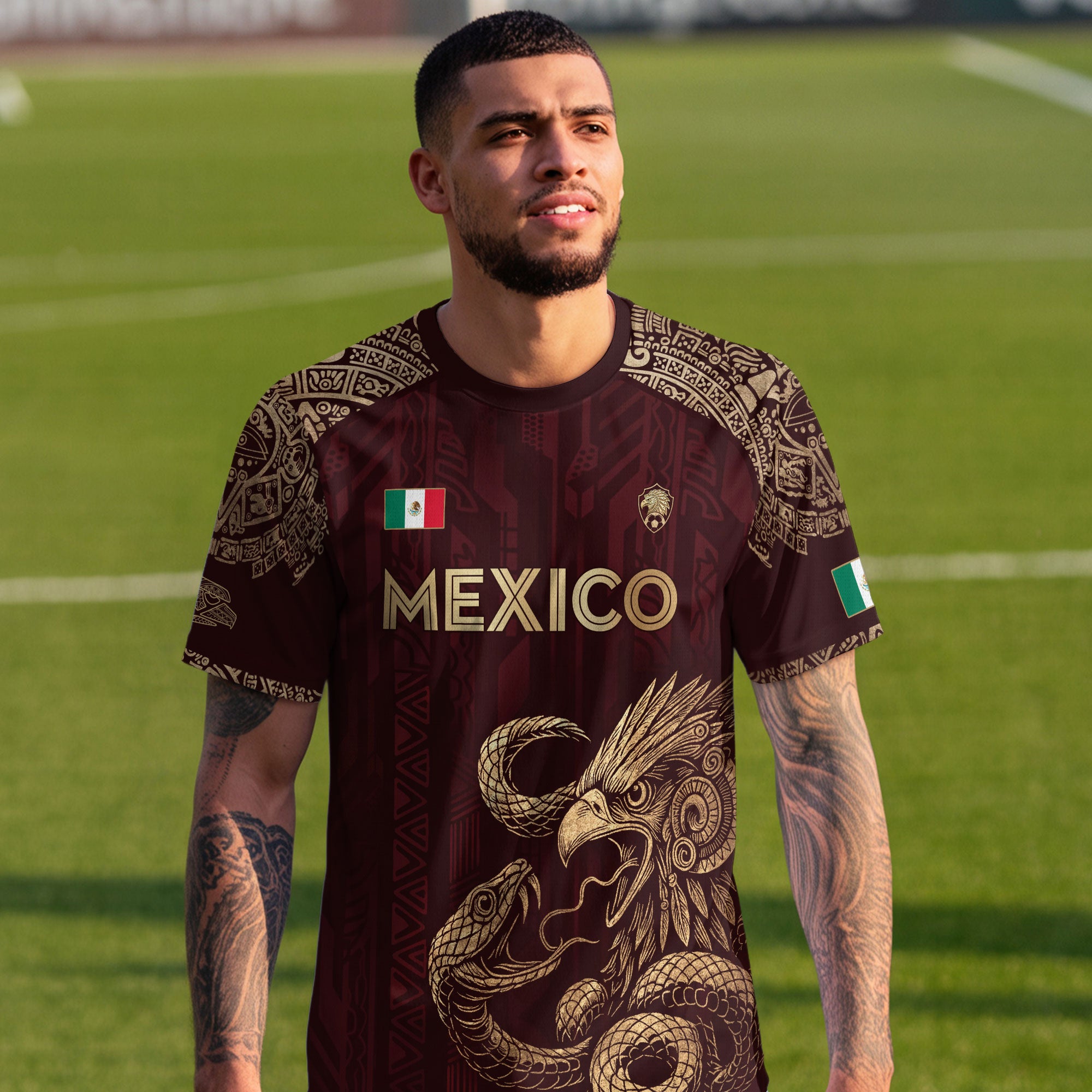 Mexico Red Gold Eagle And Serpent Heritage Soccer Jersey