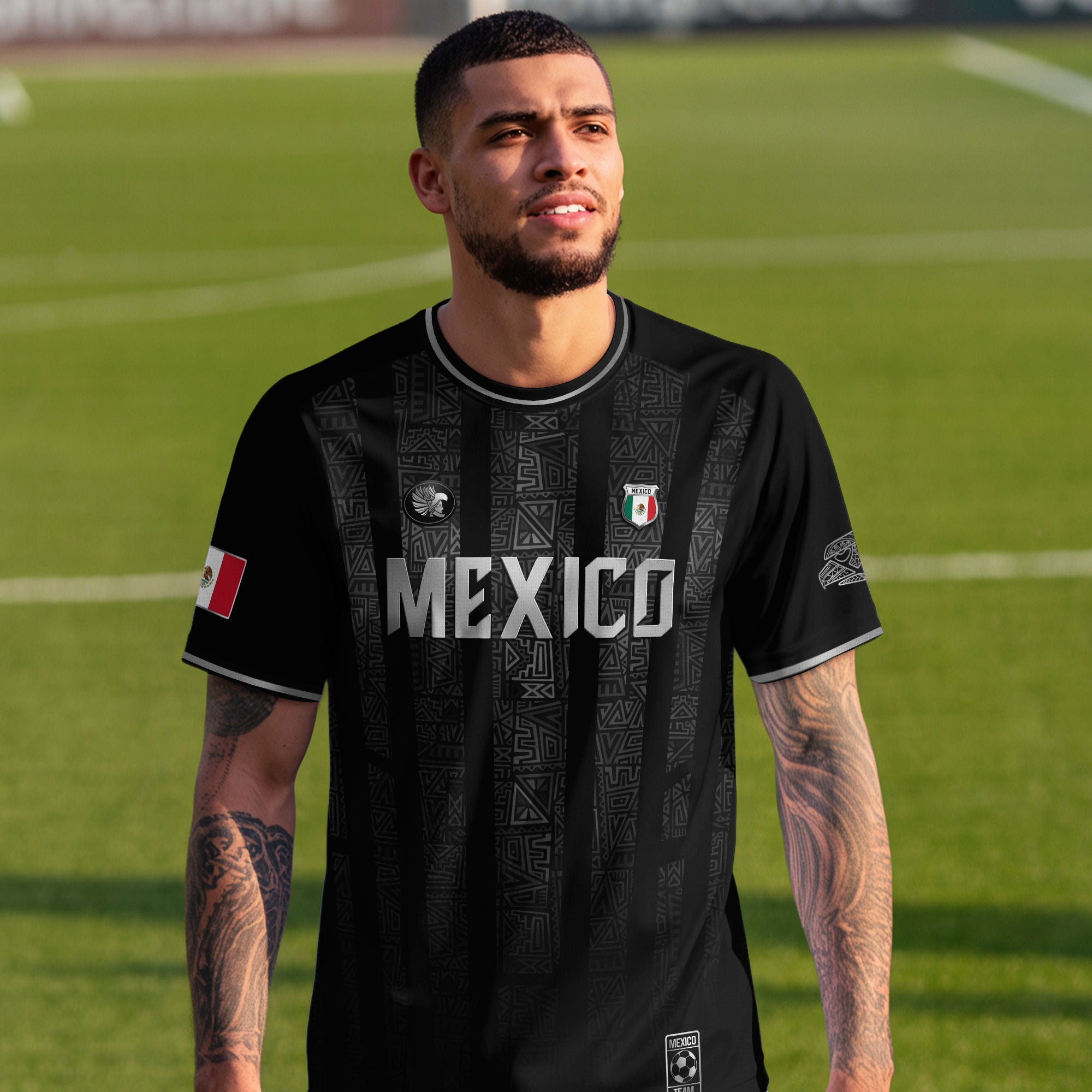 Mexico Black Silver Aztec Pattern Heritage Soccer Jersey