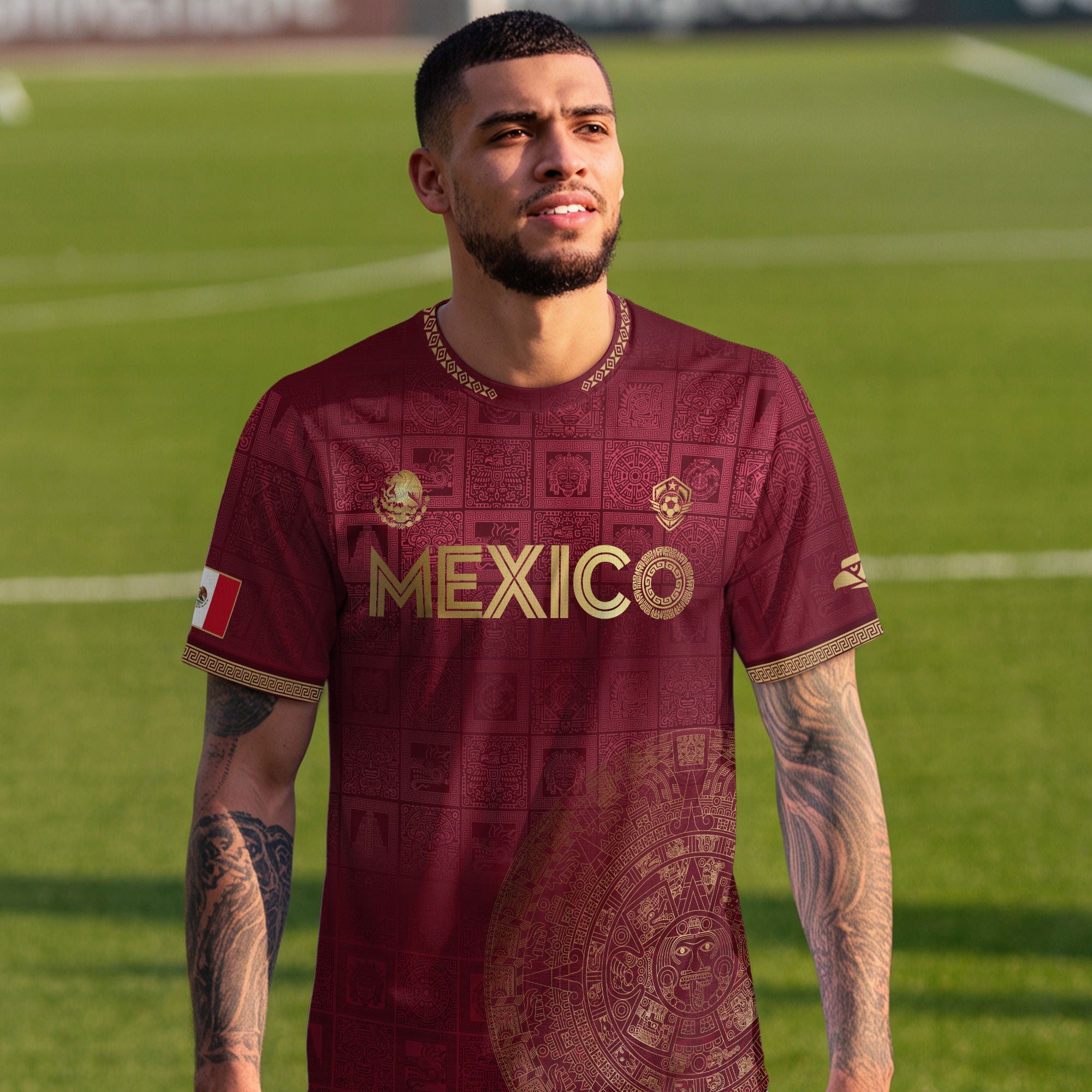 Mexico Red Gold Aztec Calendar Heritage Soccer Jersey