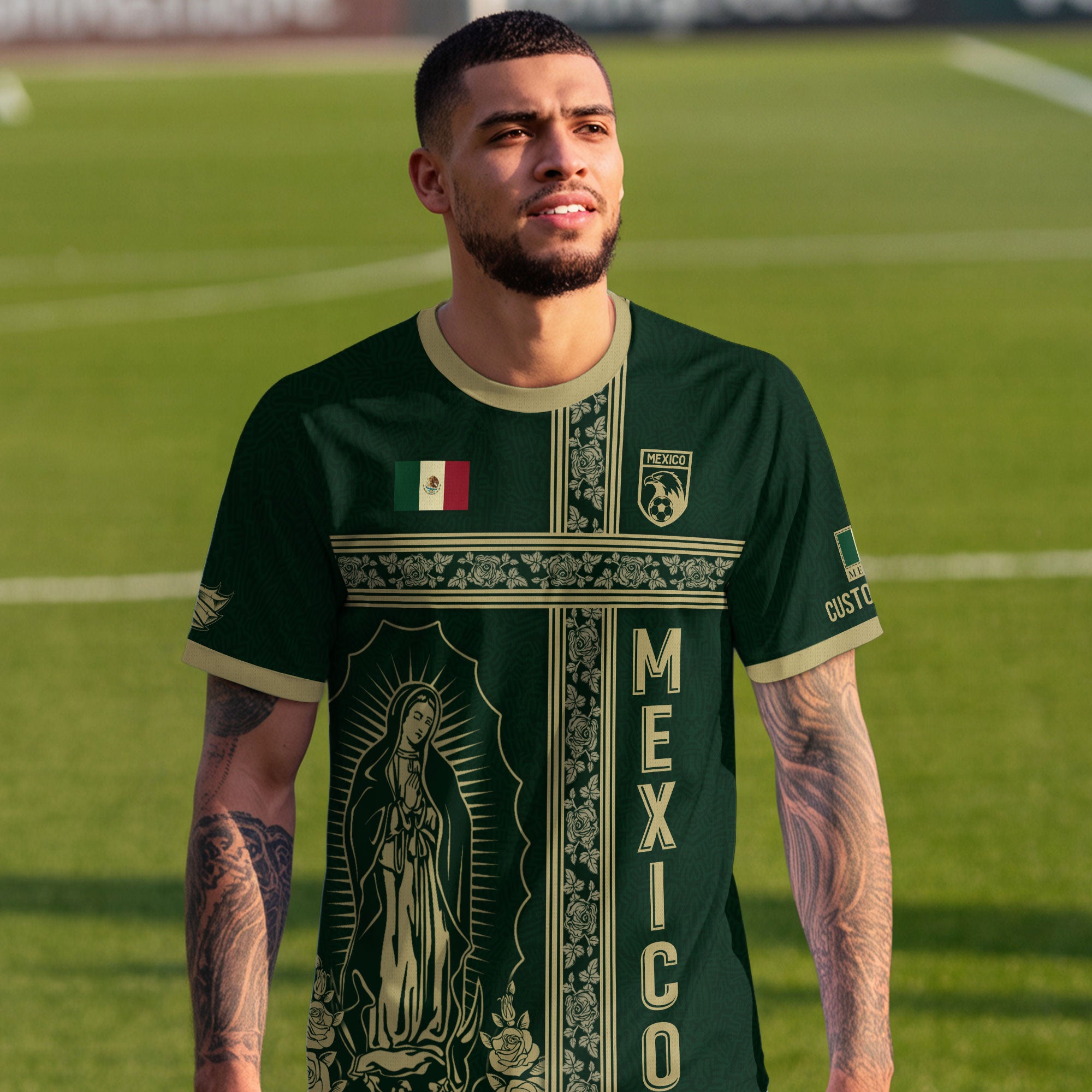 Custom Mexico Jersey Green Gold Our Lady of Guadalupe Design