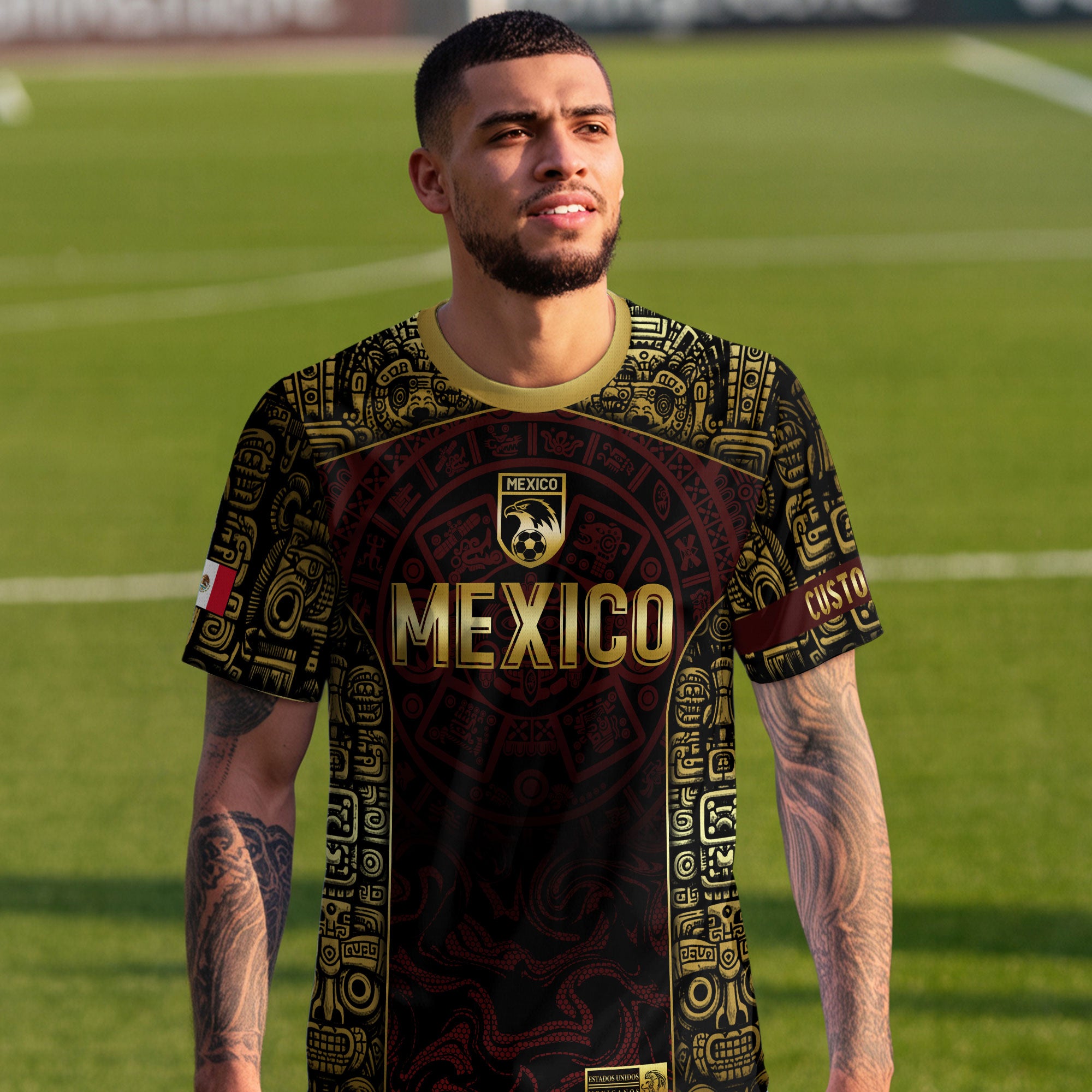 Custom Mexico Jersey Black Red Gold Aztec Calendar Design