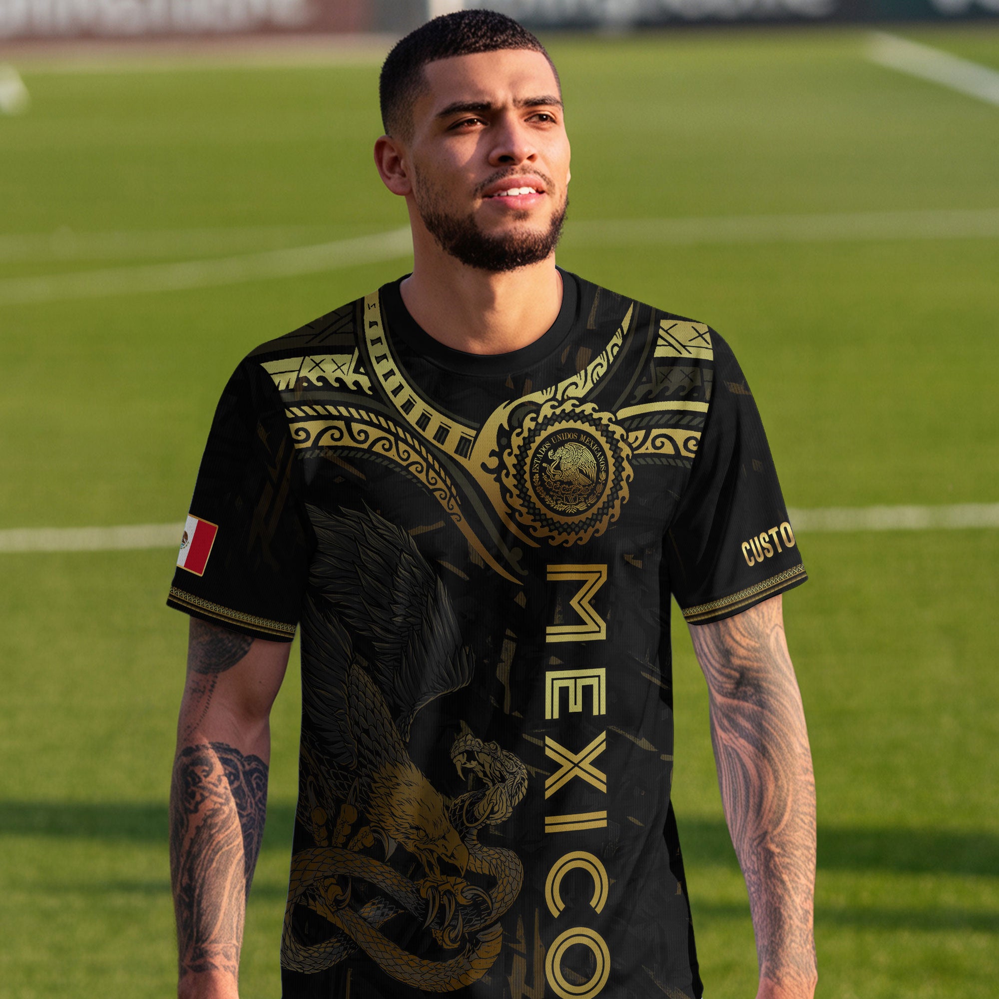 Custom Mexico Jersey Black Gold Eagle Serpent Aztec Design