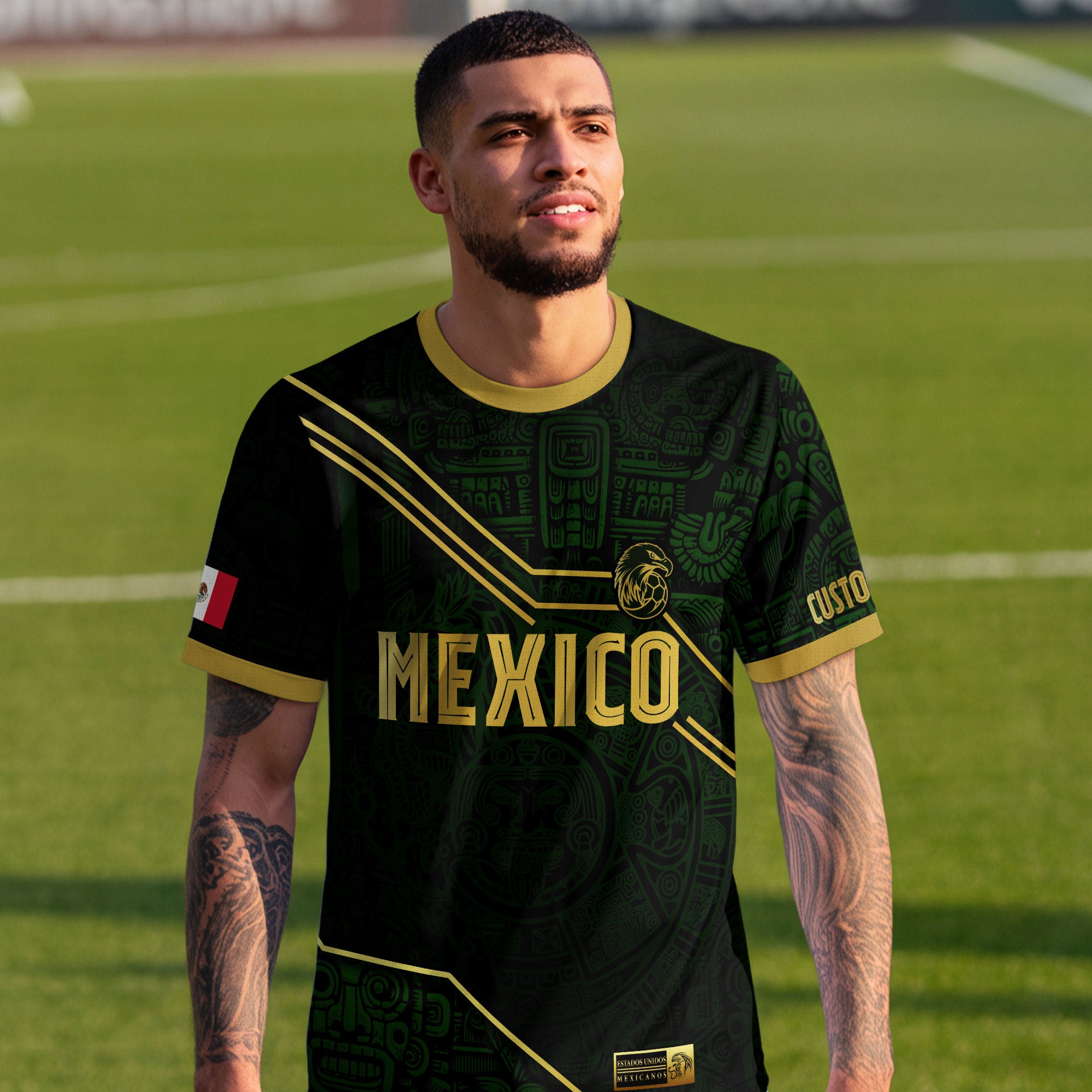 Custom Mexico Jersey Black Green Gold Aztec Heritage Design