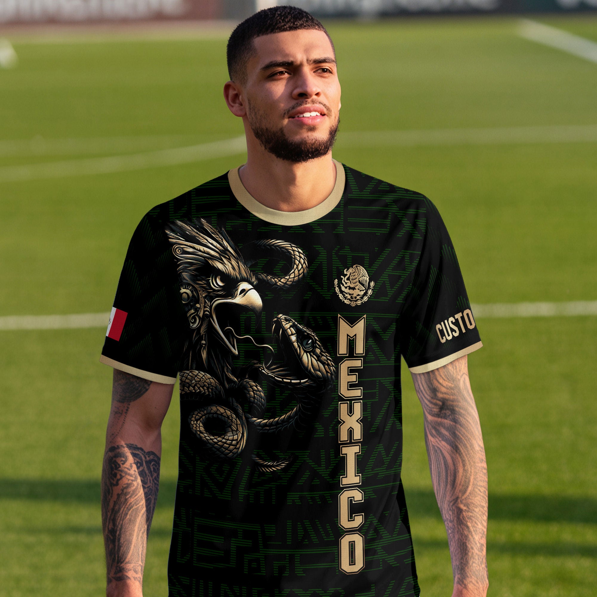 Custom Mexico Soccer Jersey Black Gold Aztec Eagle Design
