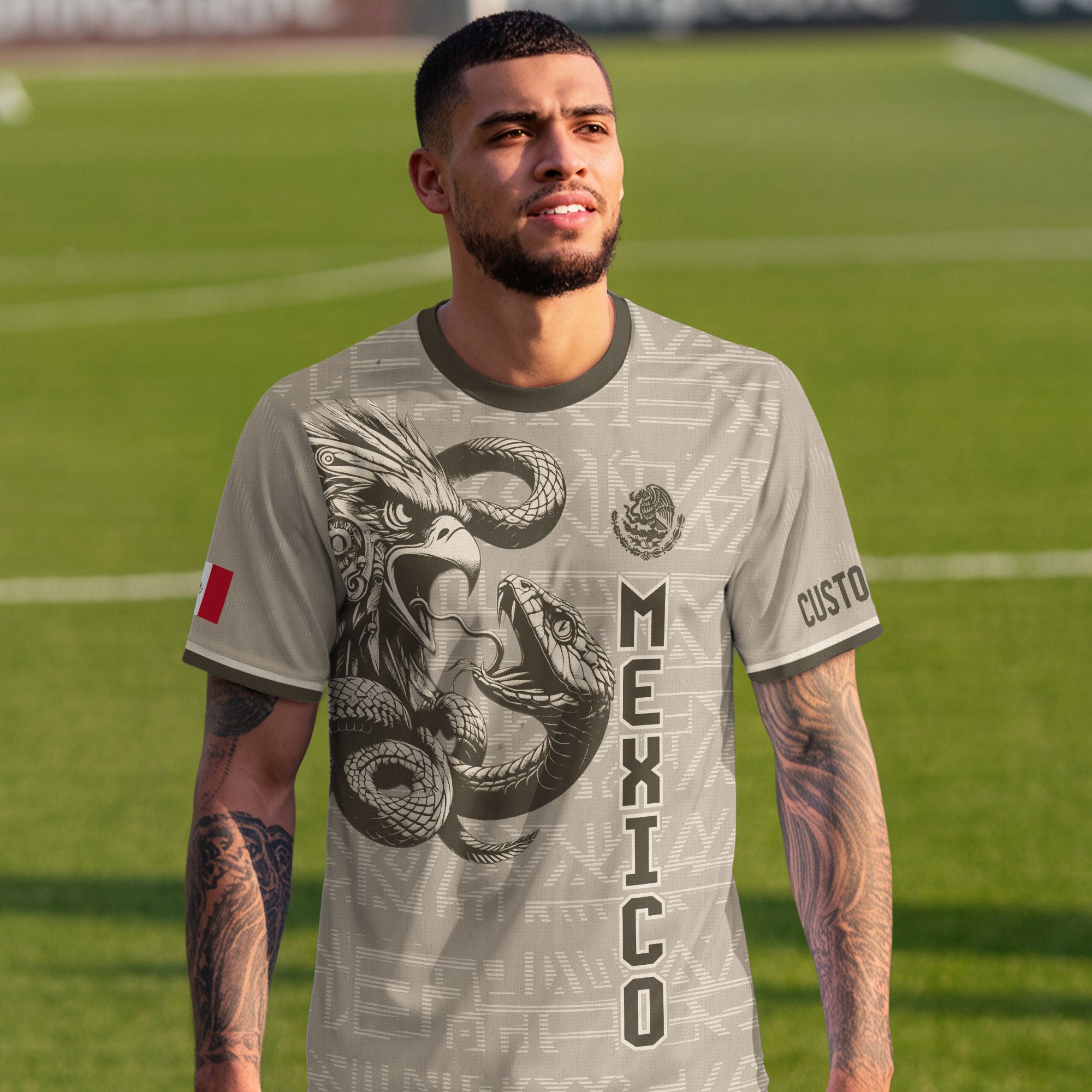 Custom Mexico Soccer Jersey Beige Aztec Eagle Design