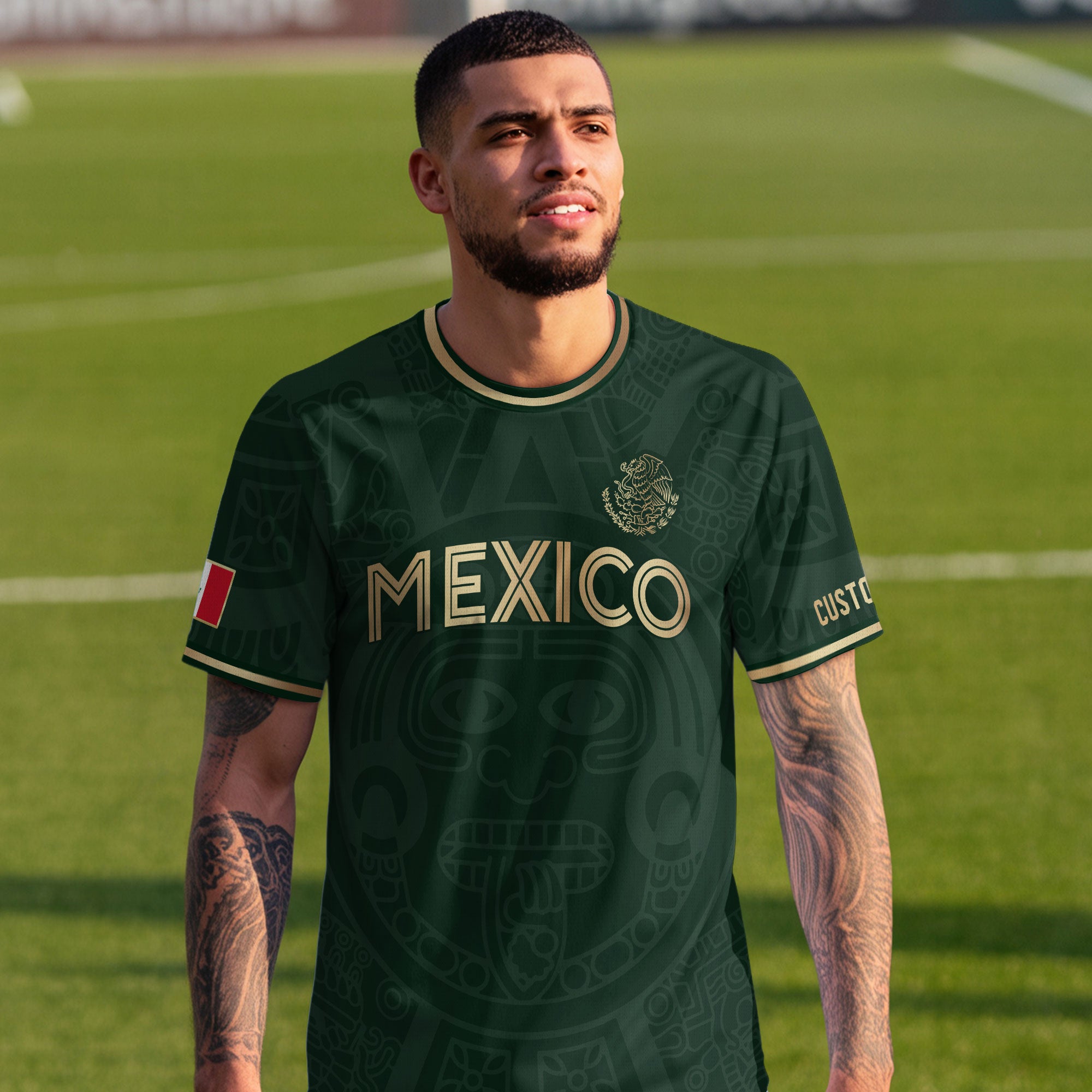 Custom Mexico Soccer Jersey Green Gold Aztec Calendar Design