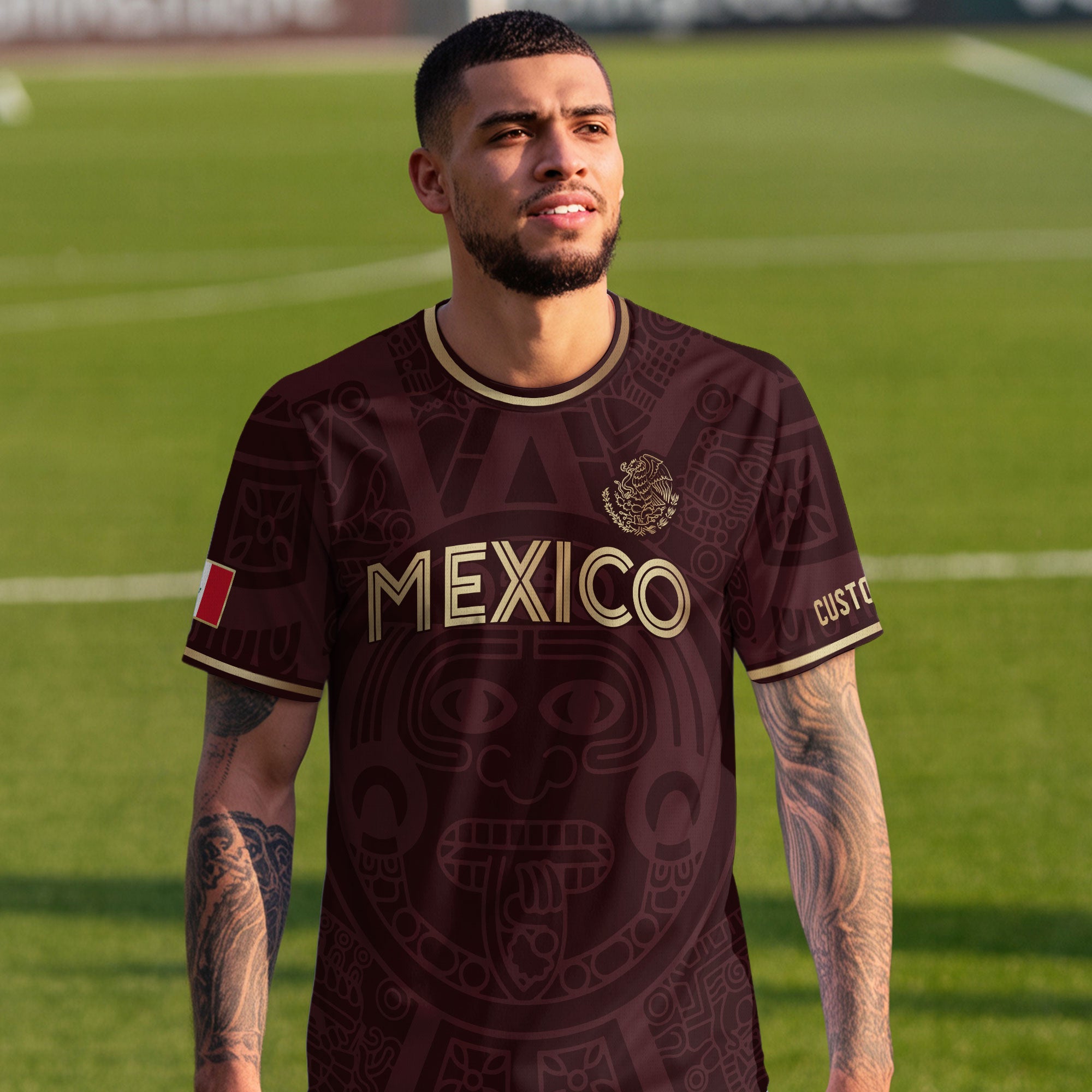 Custom Mexico Soccer Jersey Maroon Gold Aztec Calendar Design