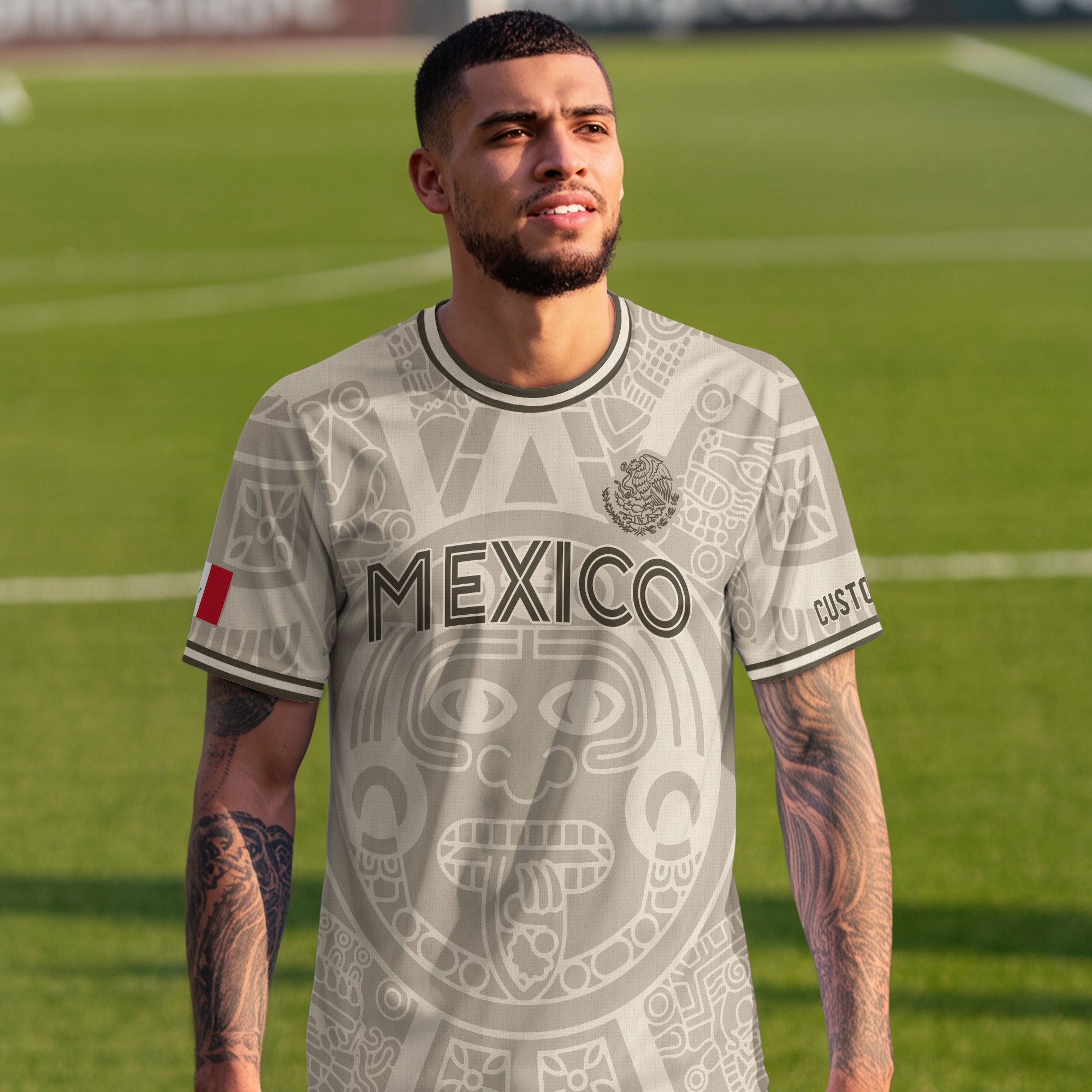 Custom Mexico Soccer Jersey Beige Brown Aztec Calendar Design