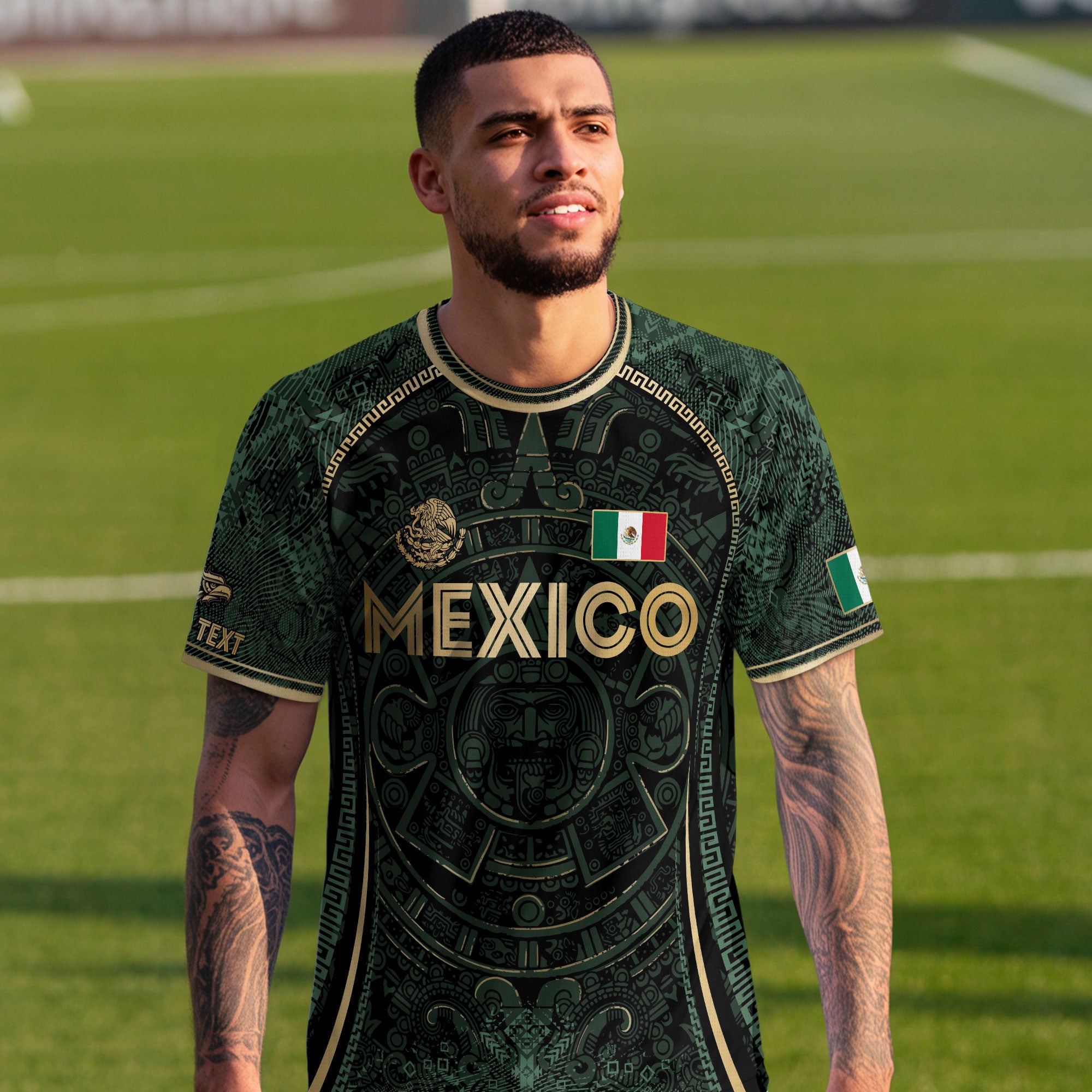 Custom Mexico Soccer Jersey Green Gold Aztec Calendar Heritage Design