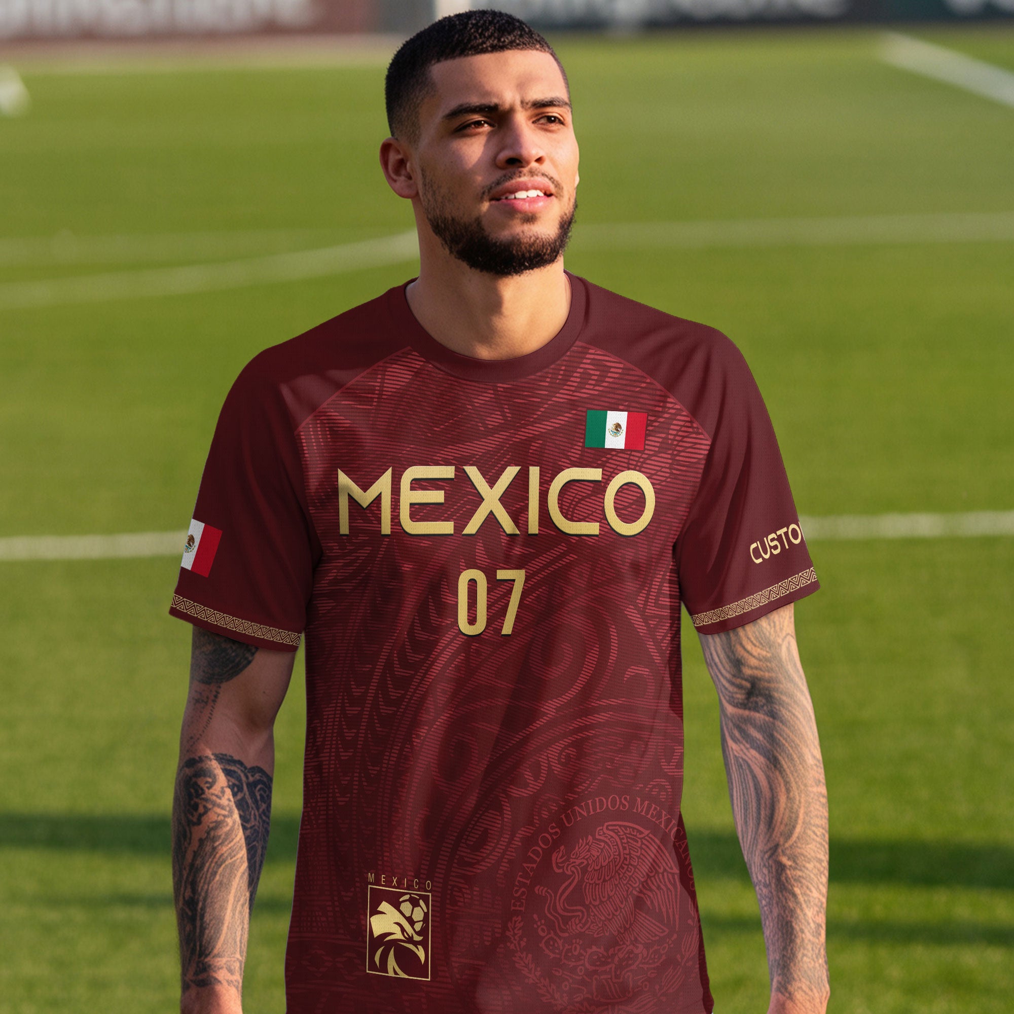 Custom Mexico Soccer Jersey Burgundy Gold Eagle Pattern Design