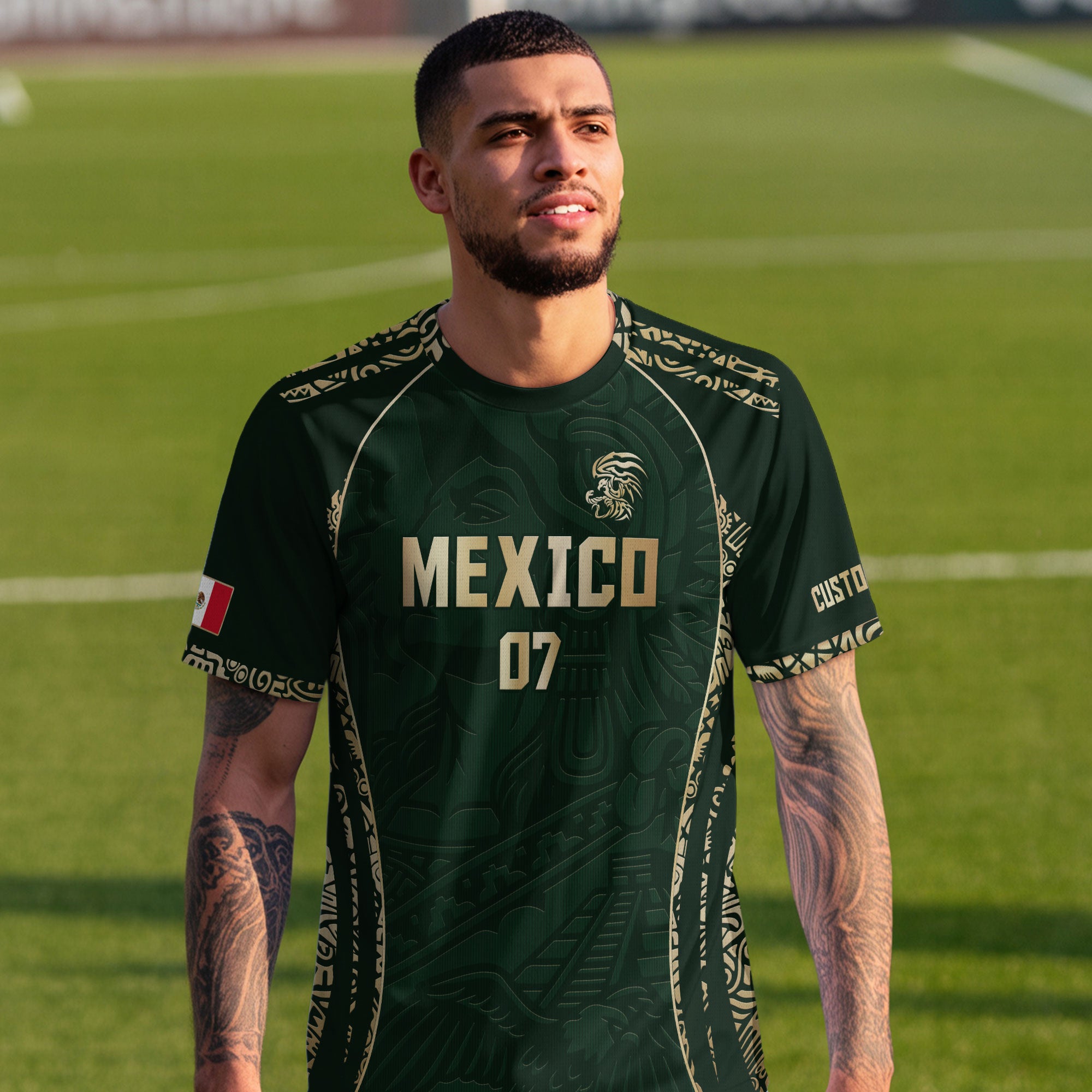 Custom Mexico Soccer Jersey Dark Green Gold Aztec Eagle Design