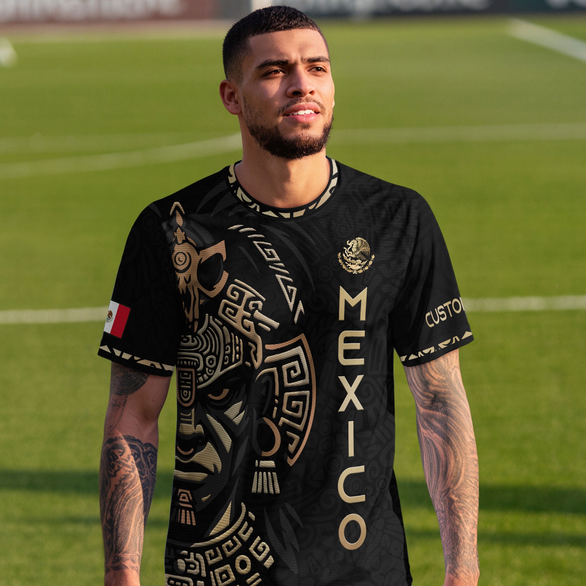 Custom Mexico Soccer Jersey Black Gold Aztec Warrior Face Design
