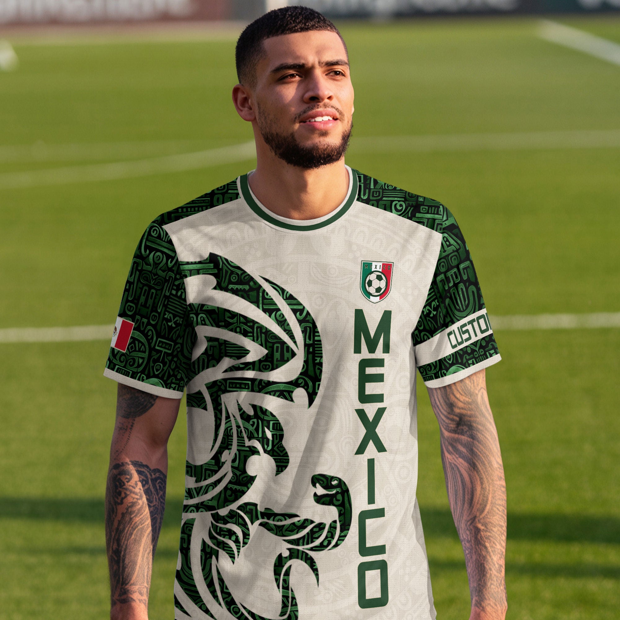 Custom Mexico Soccer Jersey Beige Green Aztec Design