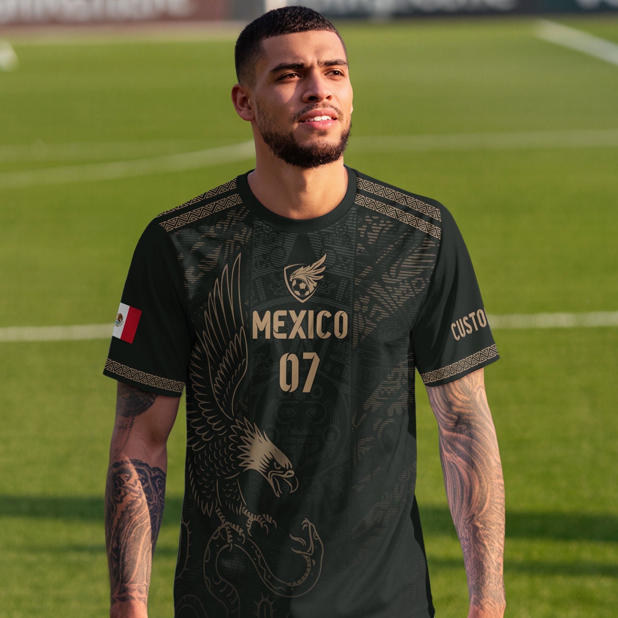 Custom Mexico Soccer Jersey Black Gold Eagle Design