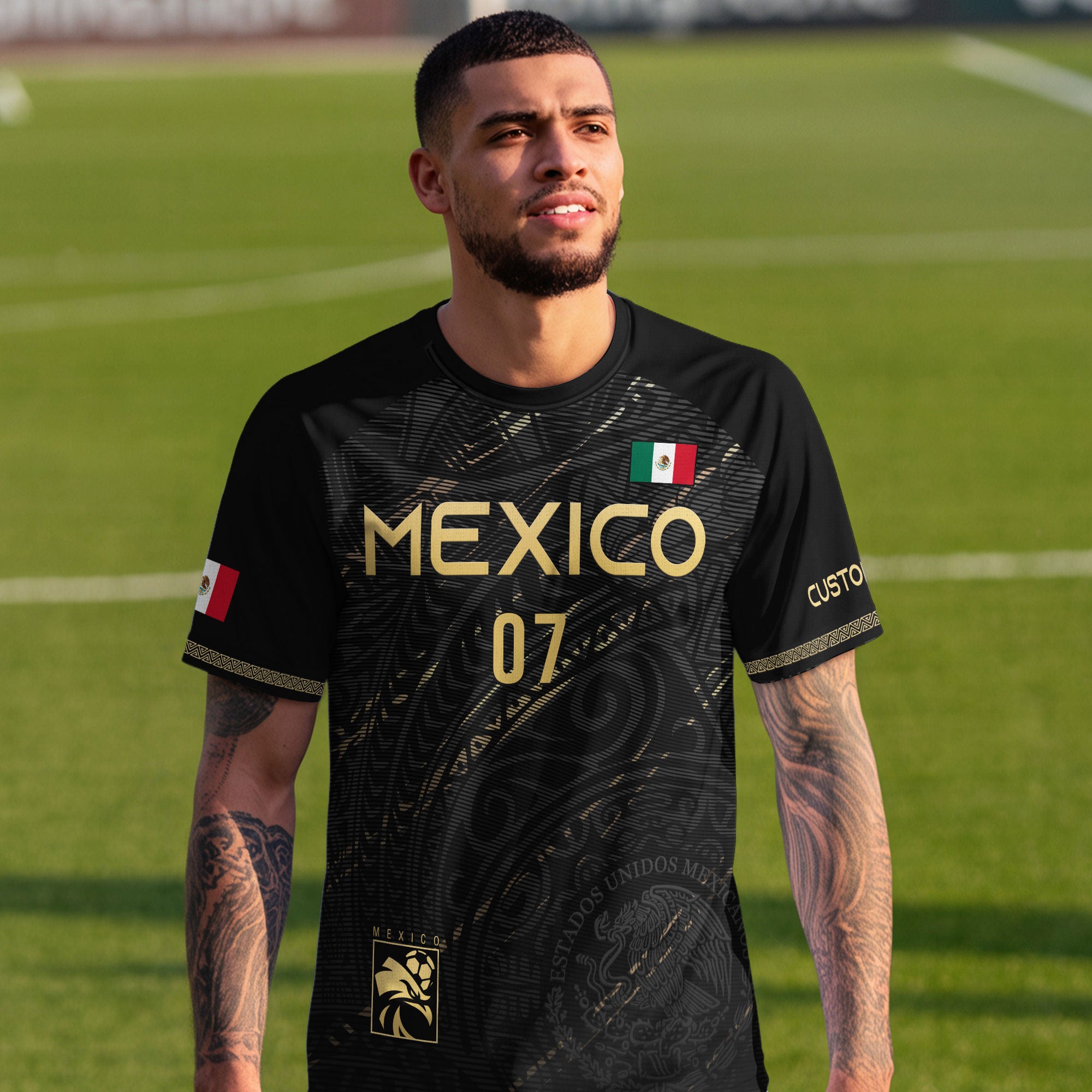 Custom Black Gold Mexico Soccer Jersey with Eagle Design