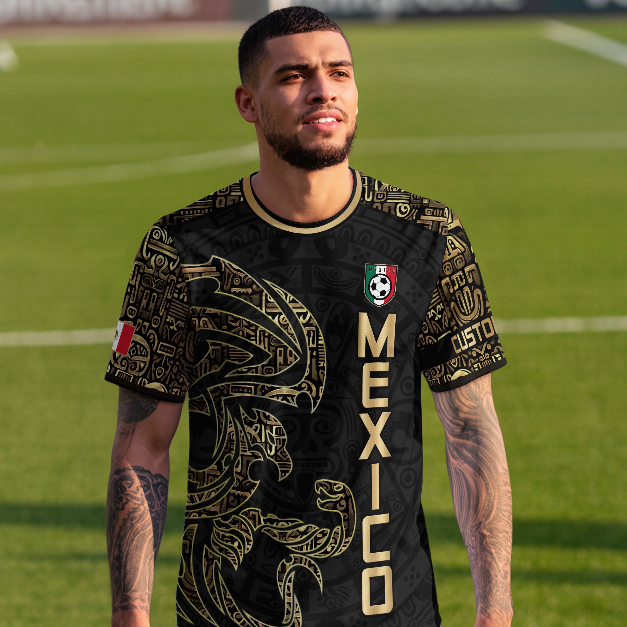 Custom Black Gold Mexico Jersey with Tribal Design