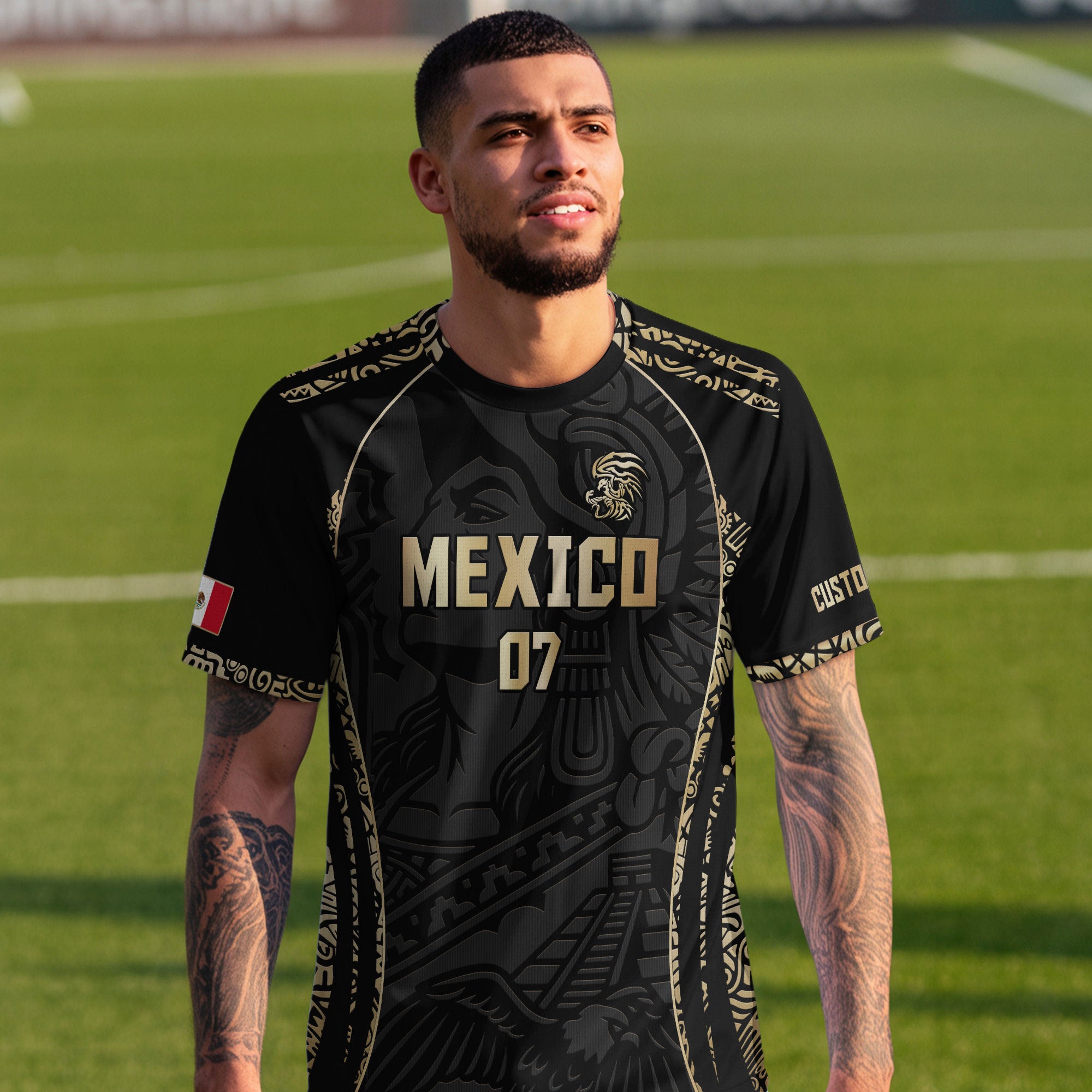 Custom Mexico Soccer Jersey Black Gold Aztec Eagle Pyramid Design