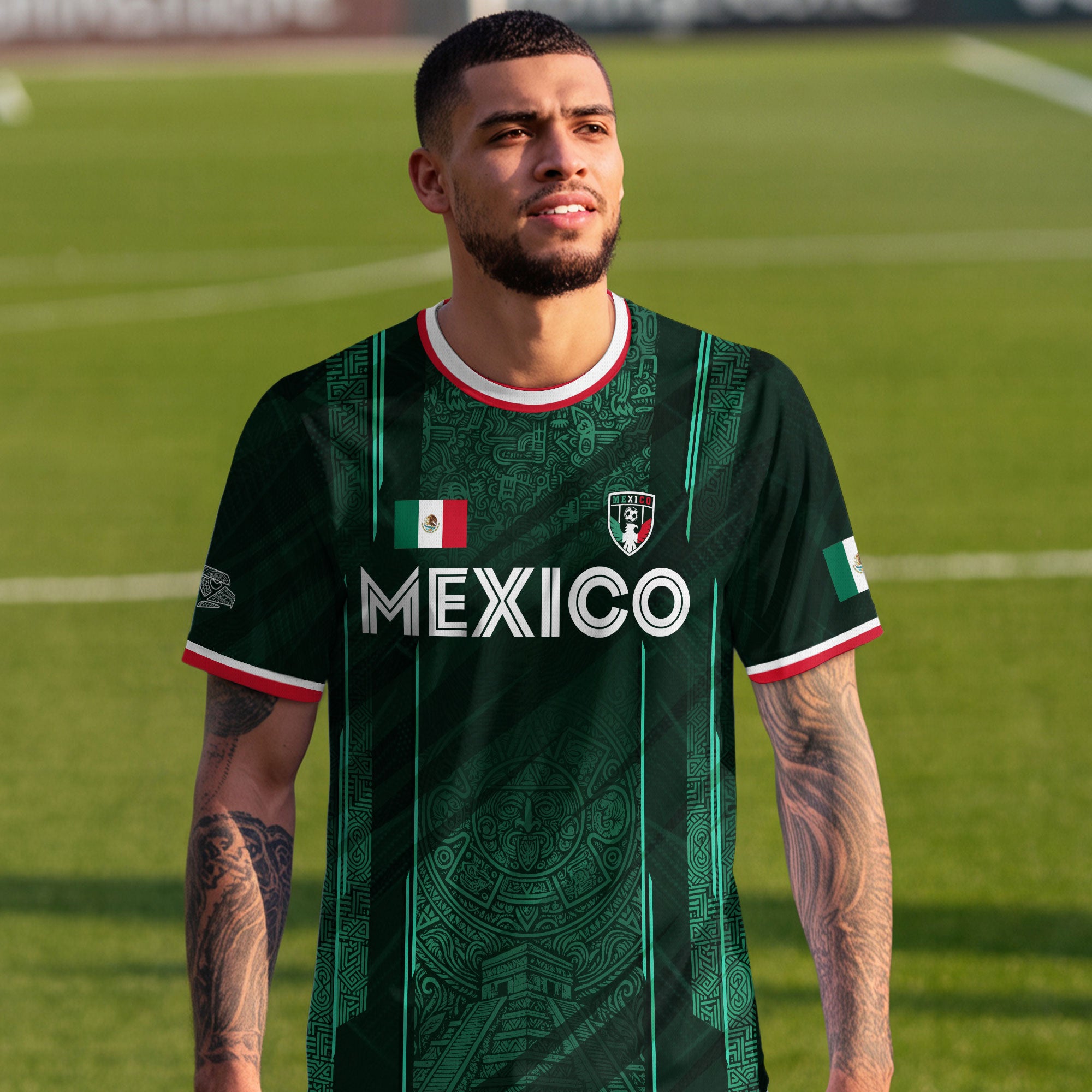 Mexico Soccer Jersey Green Aztec Calendar National Emblem Design