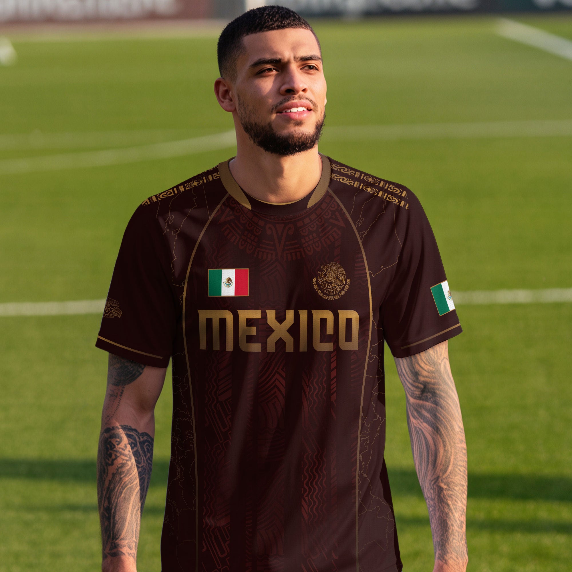 Mexico Soccer Jersey Burgundy Gold Aztec Eagle Heritage Design